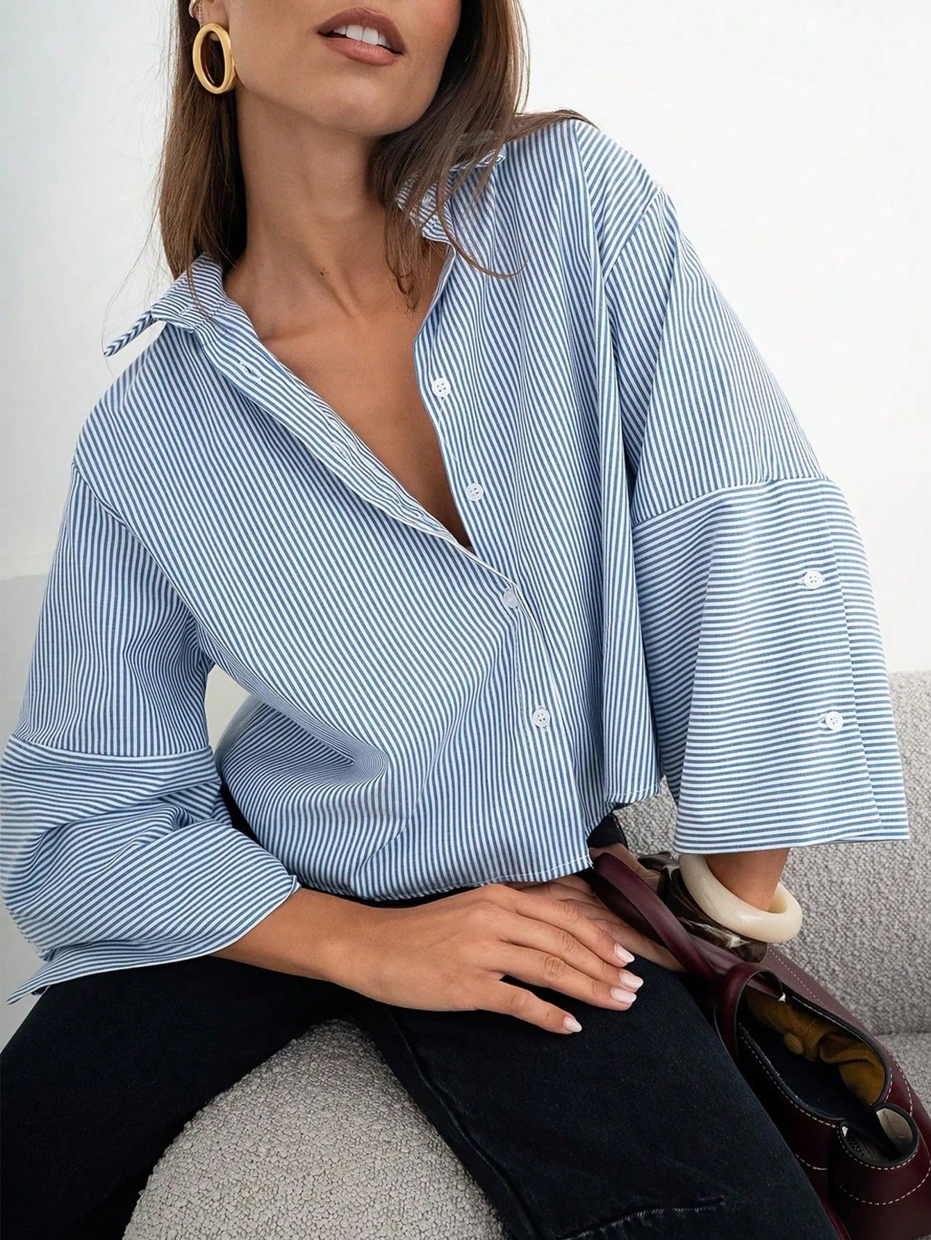 Chemise ample à rayures pour femmes, épaules tombantes, manches 3/4, col à revers, — vue 6
