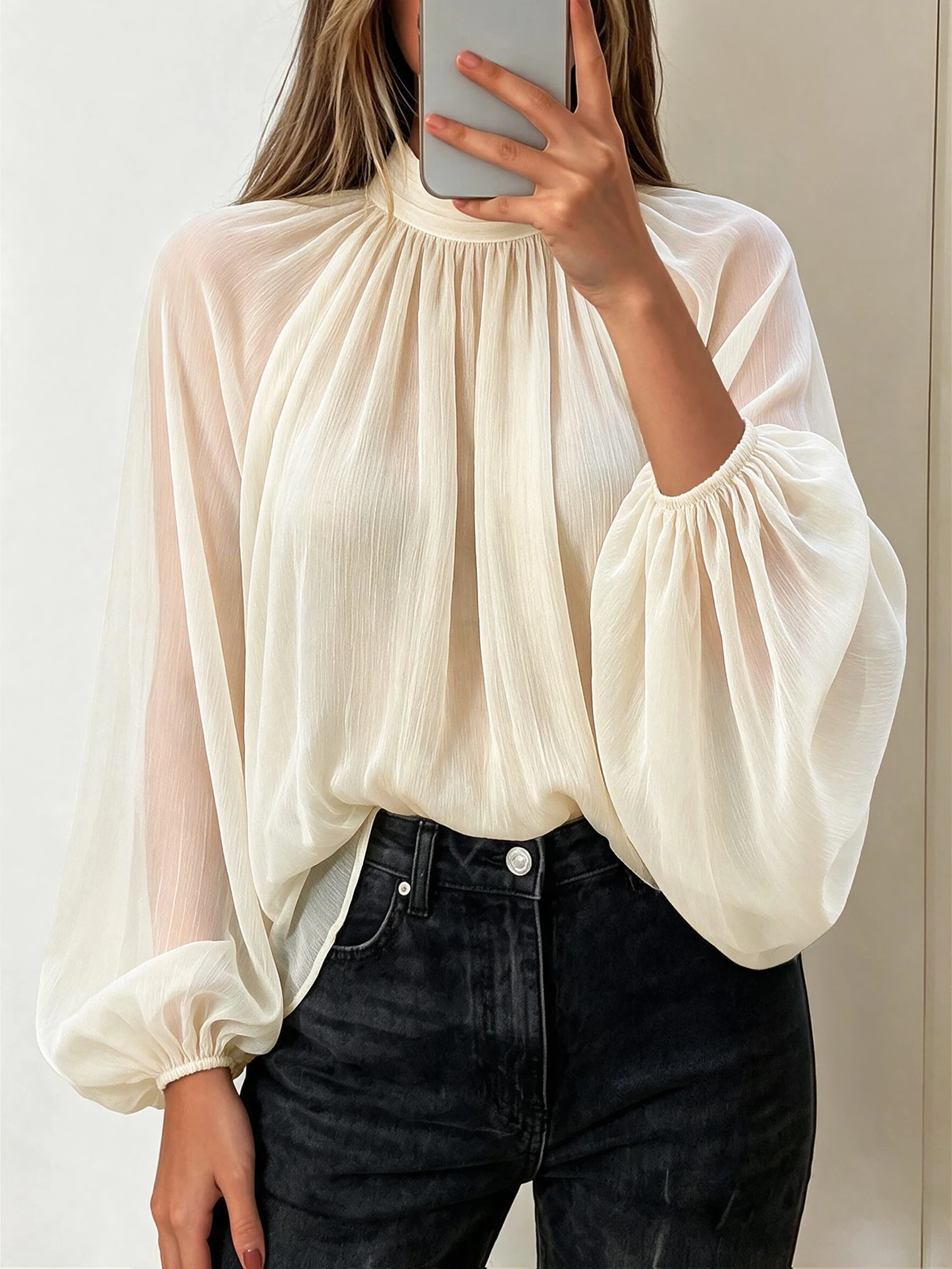 Avenya Blouse femme automne/hiver couleur unie texturée transparente élégante en — vue 9
