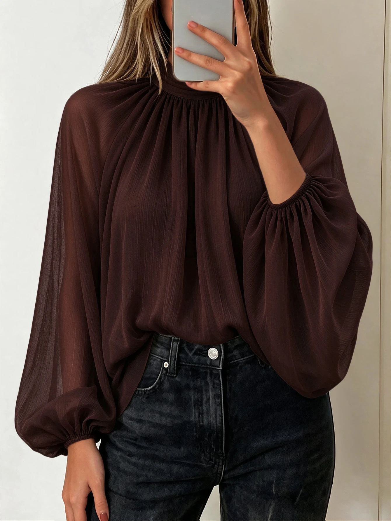 Avenya Blouse femme automne/hiver couleur unie texturée transparente élégante en — vue 11
