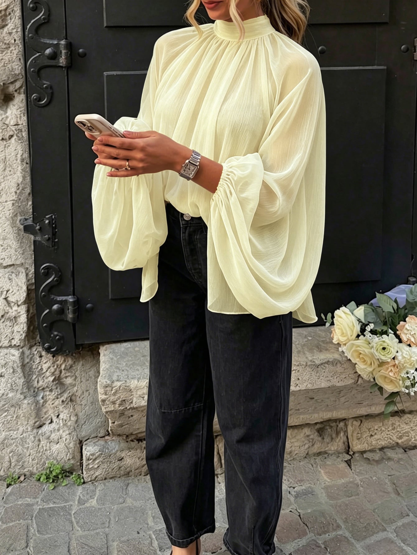 Avenya Blouse femme automne/hiver couleur unie texturée transparente élégante en — vue 12