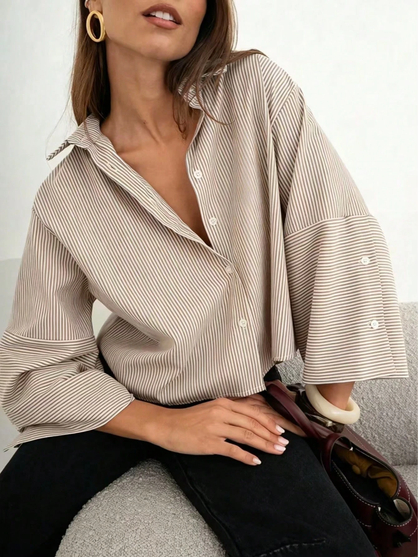 Chemise ample à rayures pour femmes, épaules tombantes, manches 3/4, col à revers, — vue 7