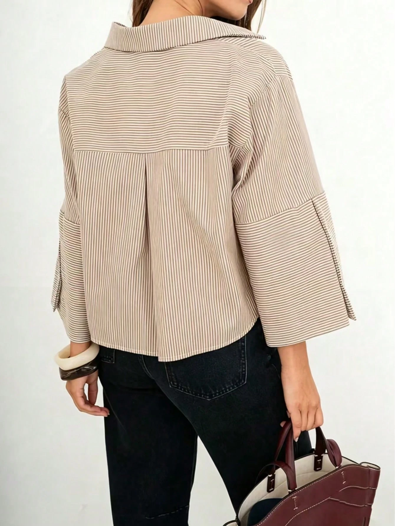 Chemise ample à rayures pour femmes, épaules tombantes, manches 3/4, col à revers, — vue 11