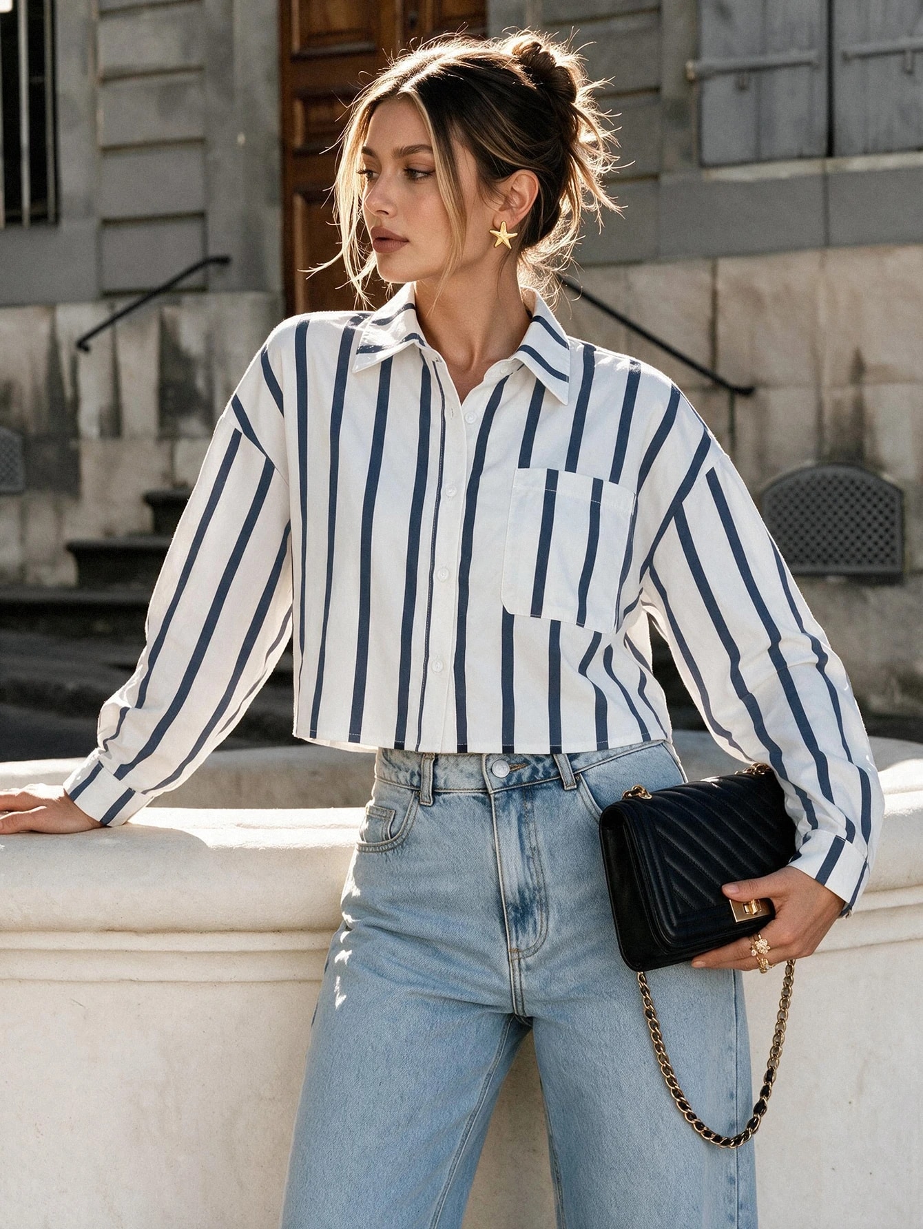 Chemise décontractée à manches longues, col rond, simple boutonnage et poches pour — vue 11