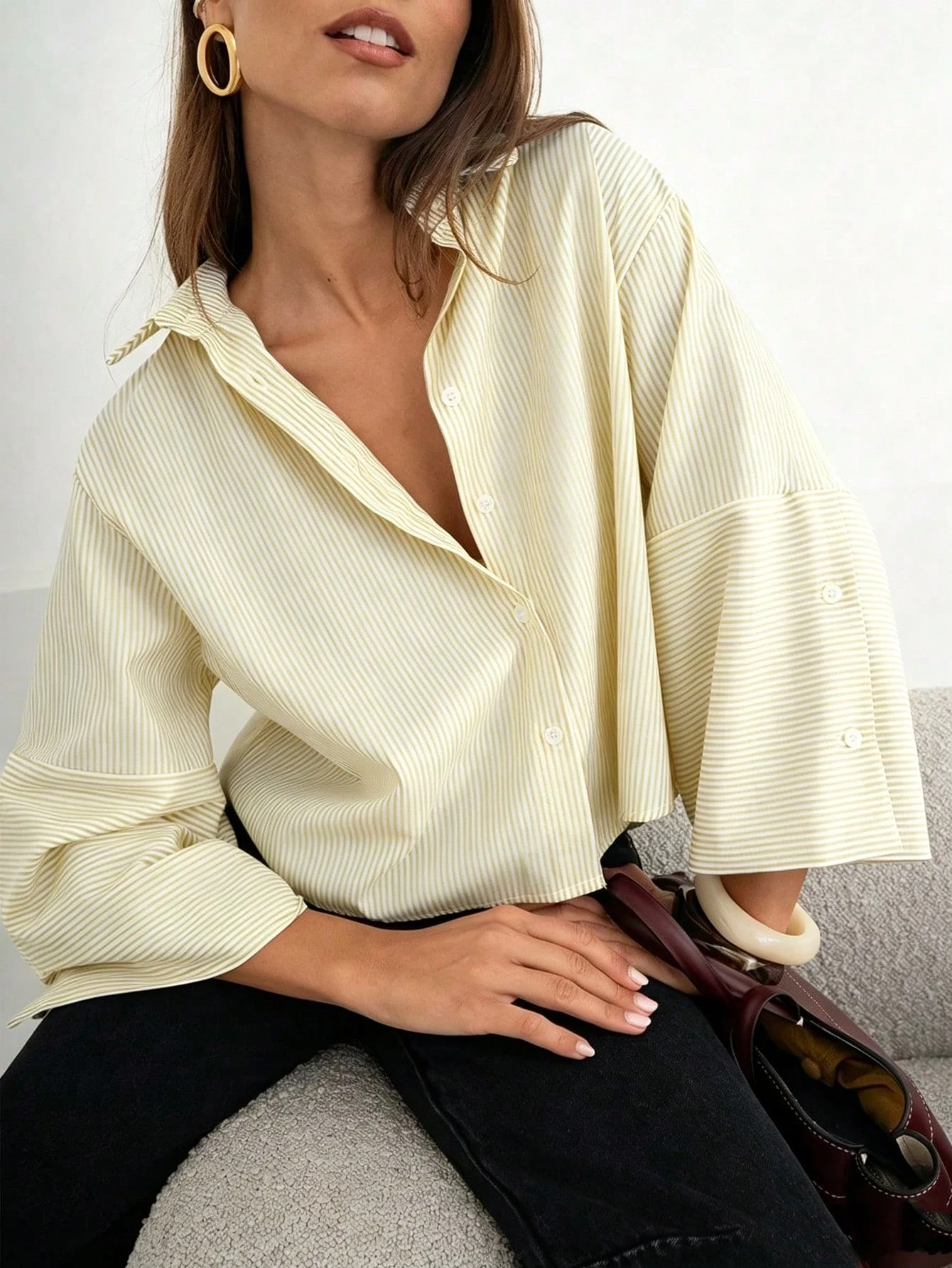 Chemise ample à rayures pour femmes, épaules tombantes, manches 3/4, col à revers, — vue 8