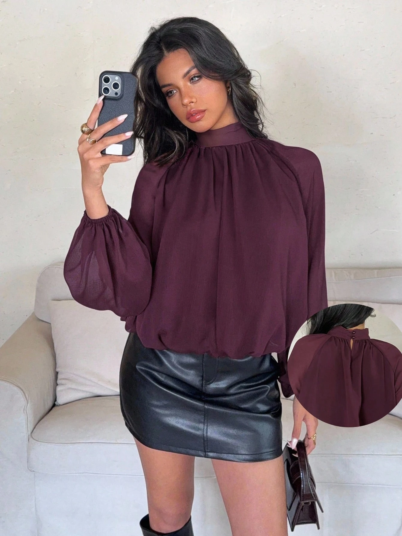 Aloruh Blouse ample à col montant et manches lanternes, couleur unie, style décontracté, — vue 6