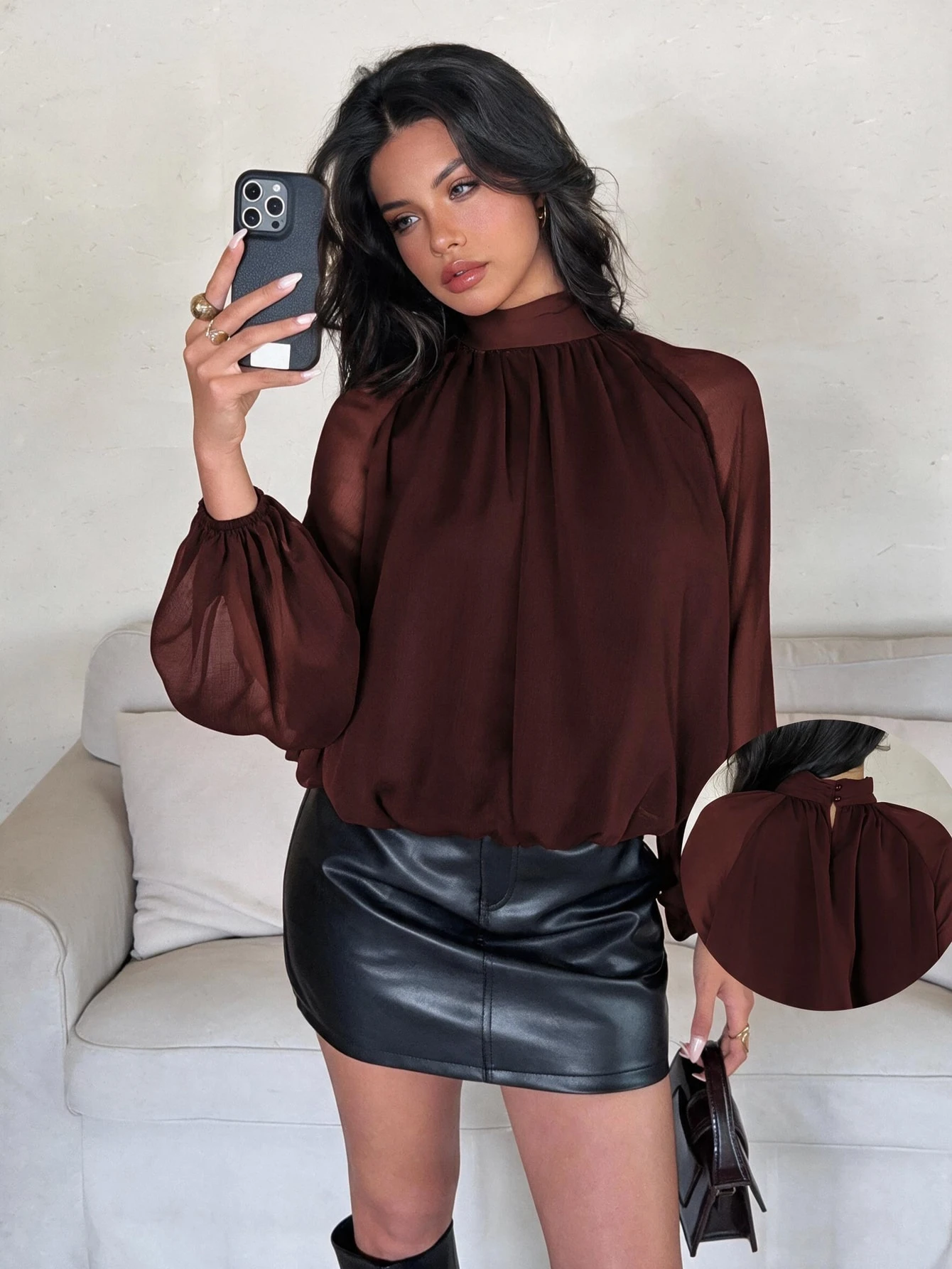Aloruh Blouse ample à col montant et manches lanternes, couleur unie, style décontracté, — vue 5