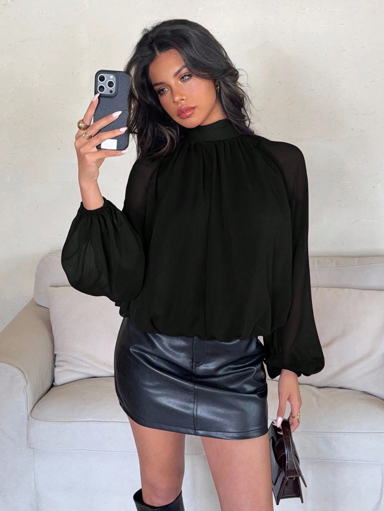 Aloruh Blouse ample à col montant et manches lanternes, couleur unie, style décontracté,