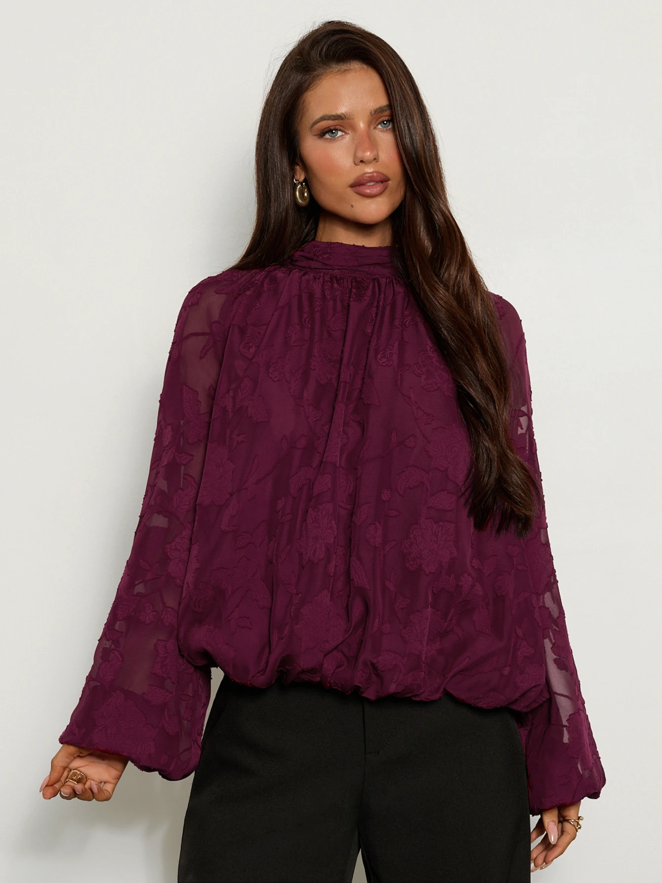 Aloruh Blouse ample à col montant et manches lanternes, couleur unie, style décontracté, — vue 3