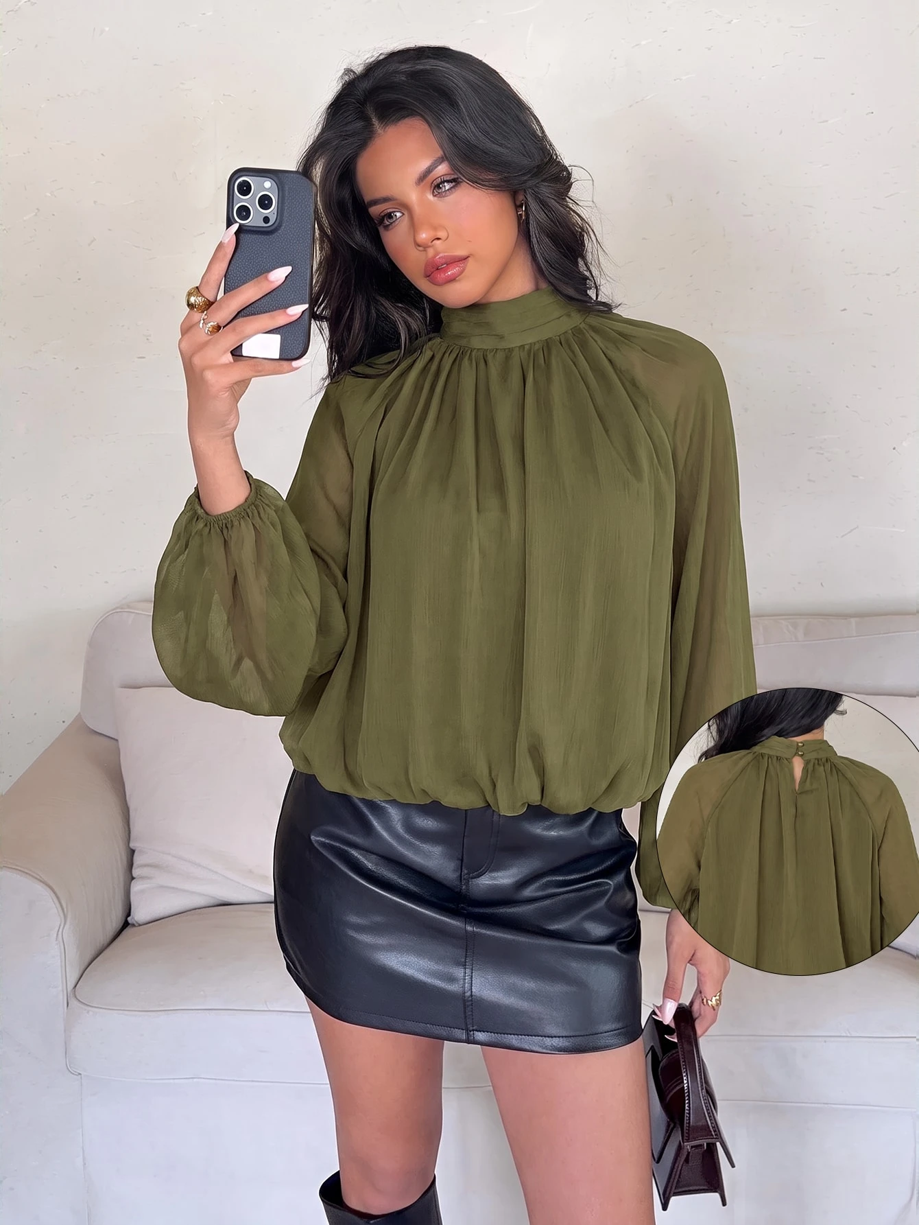 Aloruh Blouse ample à col montant et manches lanternes, couleur unie, style décontracté, — vue 4