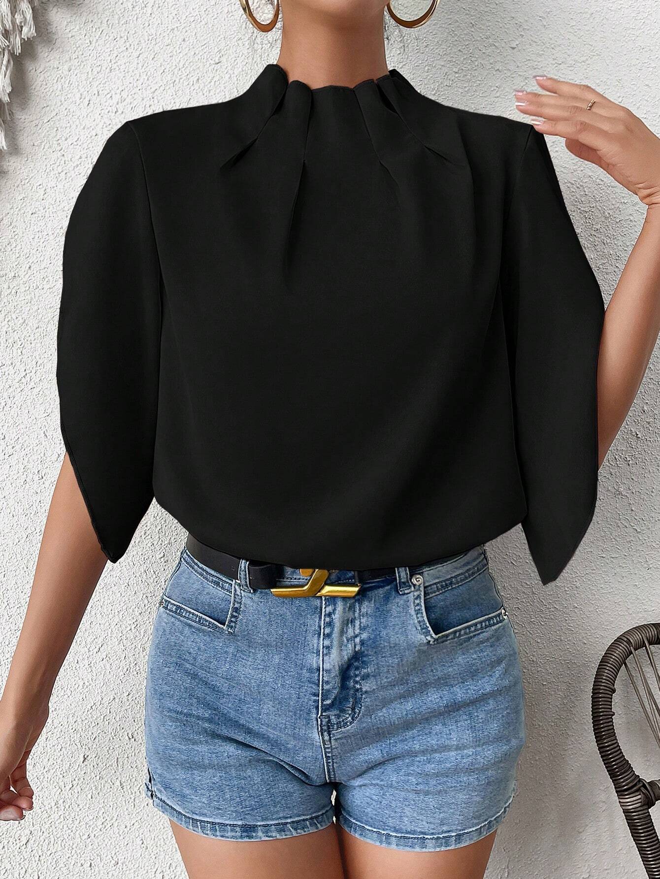 Clasi Blouse à col montant unicolore, avec manches plissées et à volants — vue 6