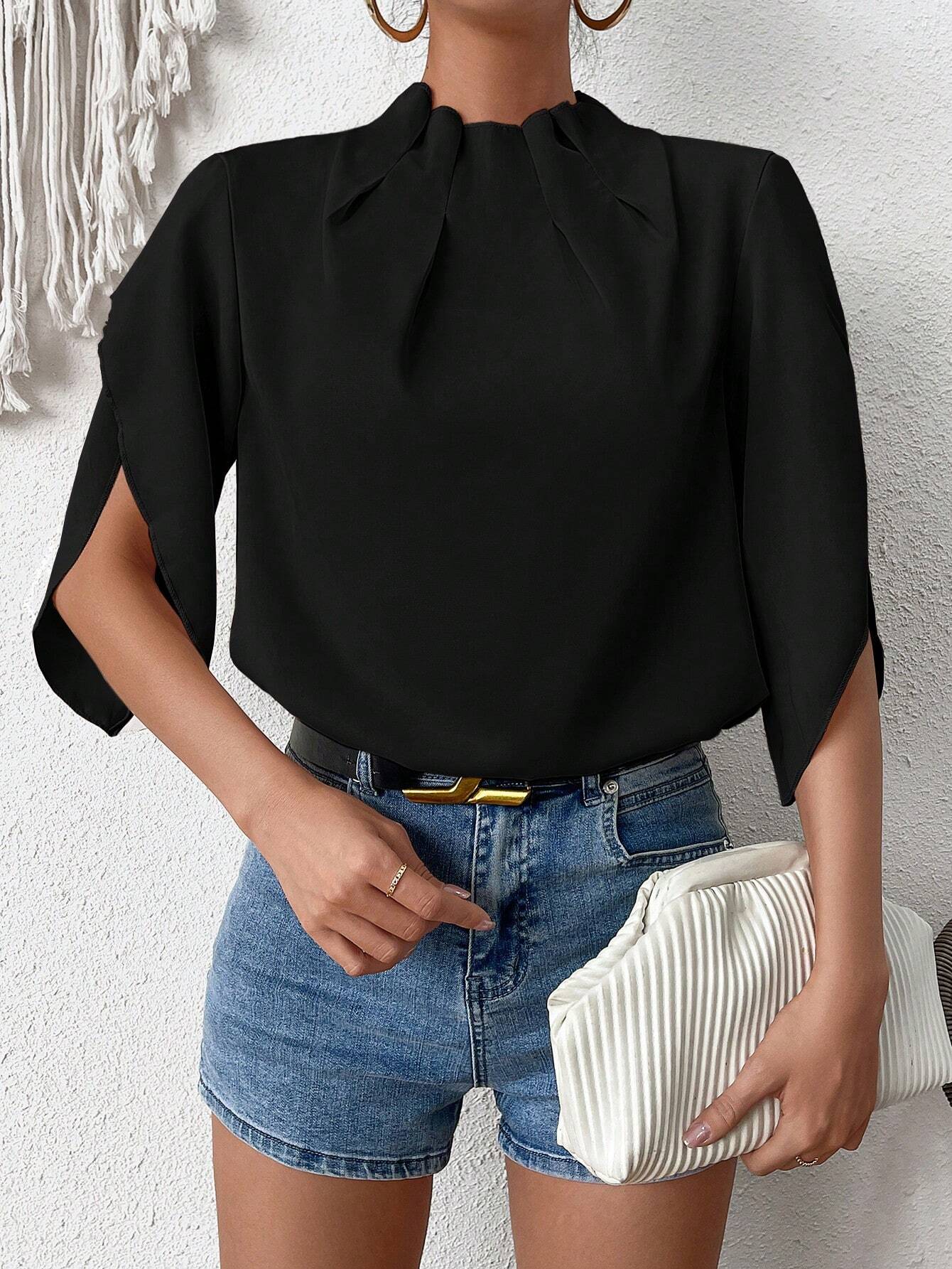 Clasi Blouse à col montant unicolore, avec manches plissées et à volants — vue 3