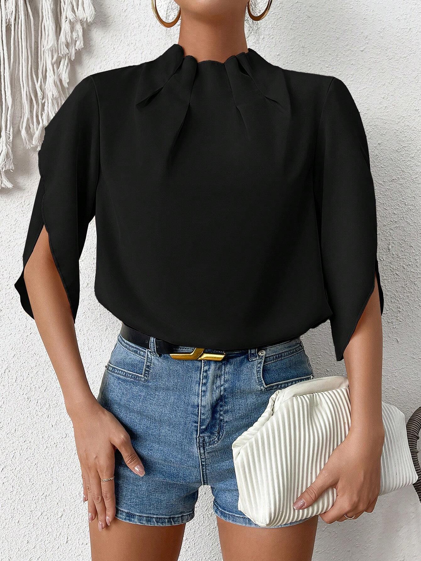 Clasi Blouse à col montant unicolore, avec manches plissées et à volants — vue 4