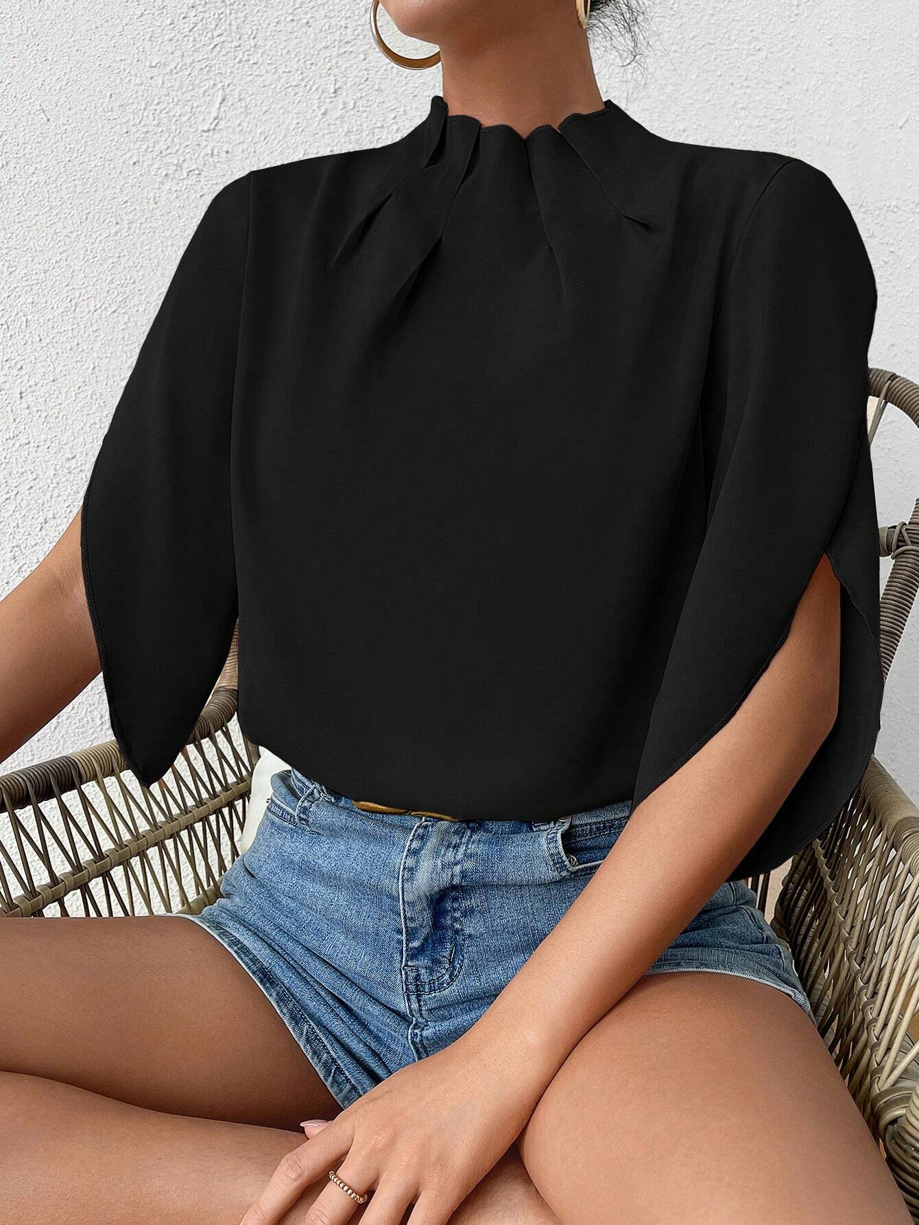 Clasi Blouse à col montant unicolore, avec manches plissées et à volants