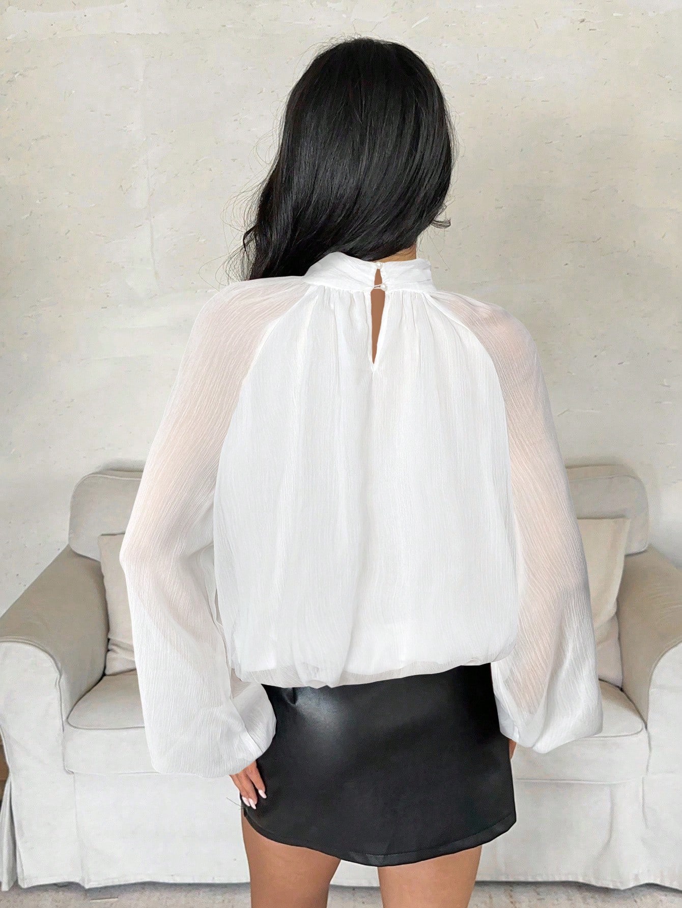 Aloruh Blouse ample à col montant et manches lanternes, couleur unie, style décontracté, — vue 9