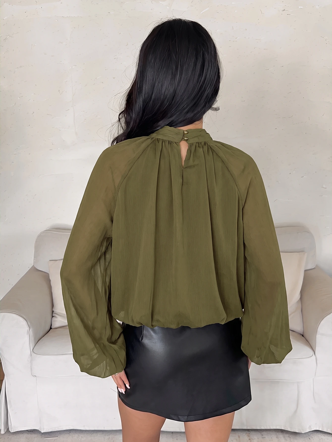 Aloruh Blouse ample à col montant et manches lanternes, couleur unie, style décontracté, — vue 11