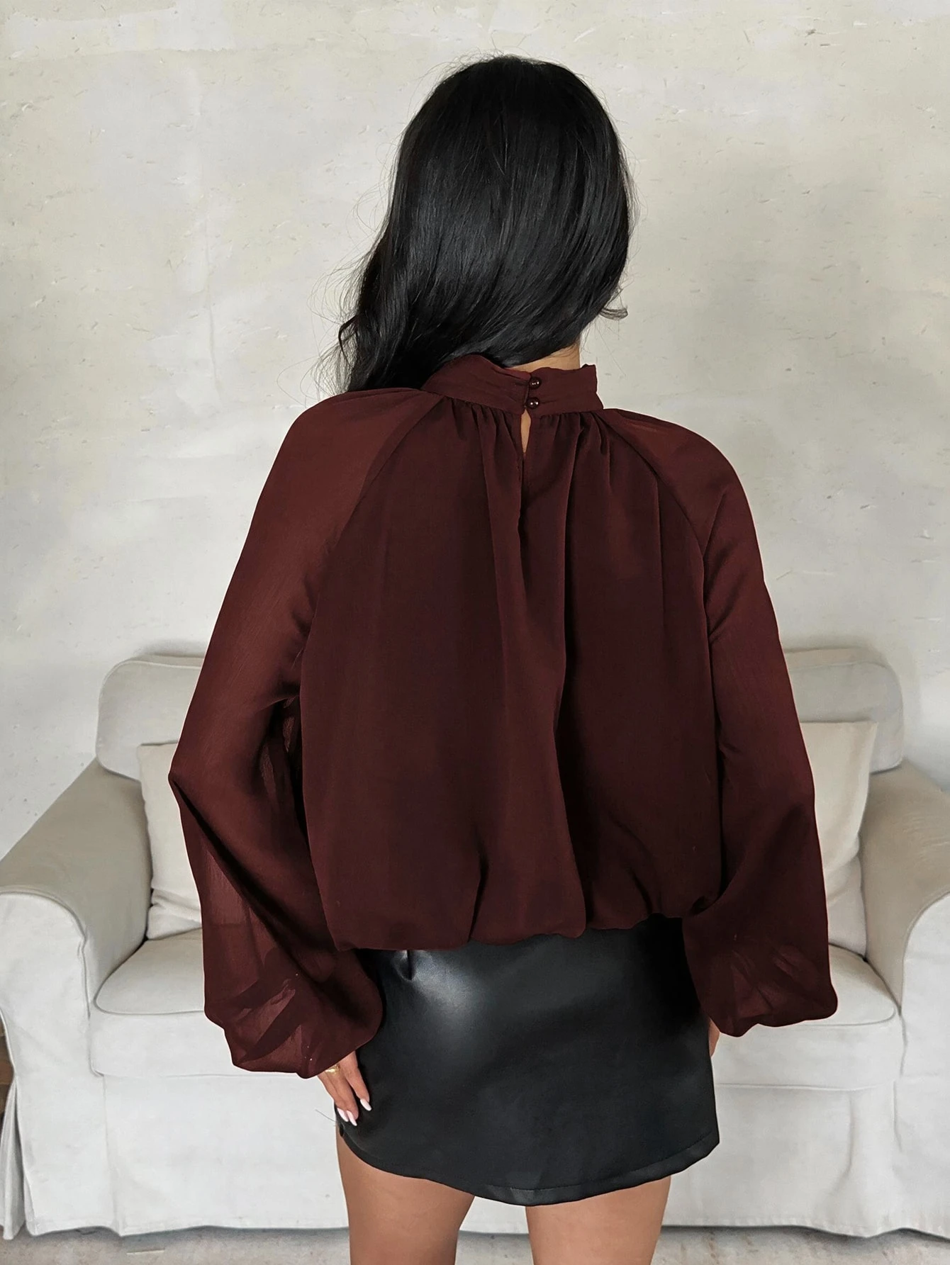 Aloruh Blouse ample à col montant et manches lanternes, couleur unie, style décontracté, — vue 12