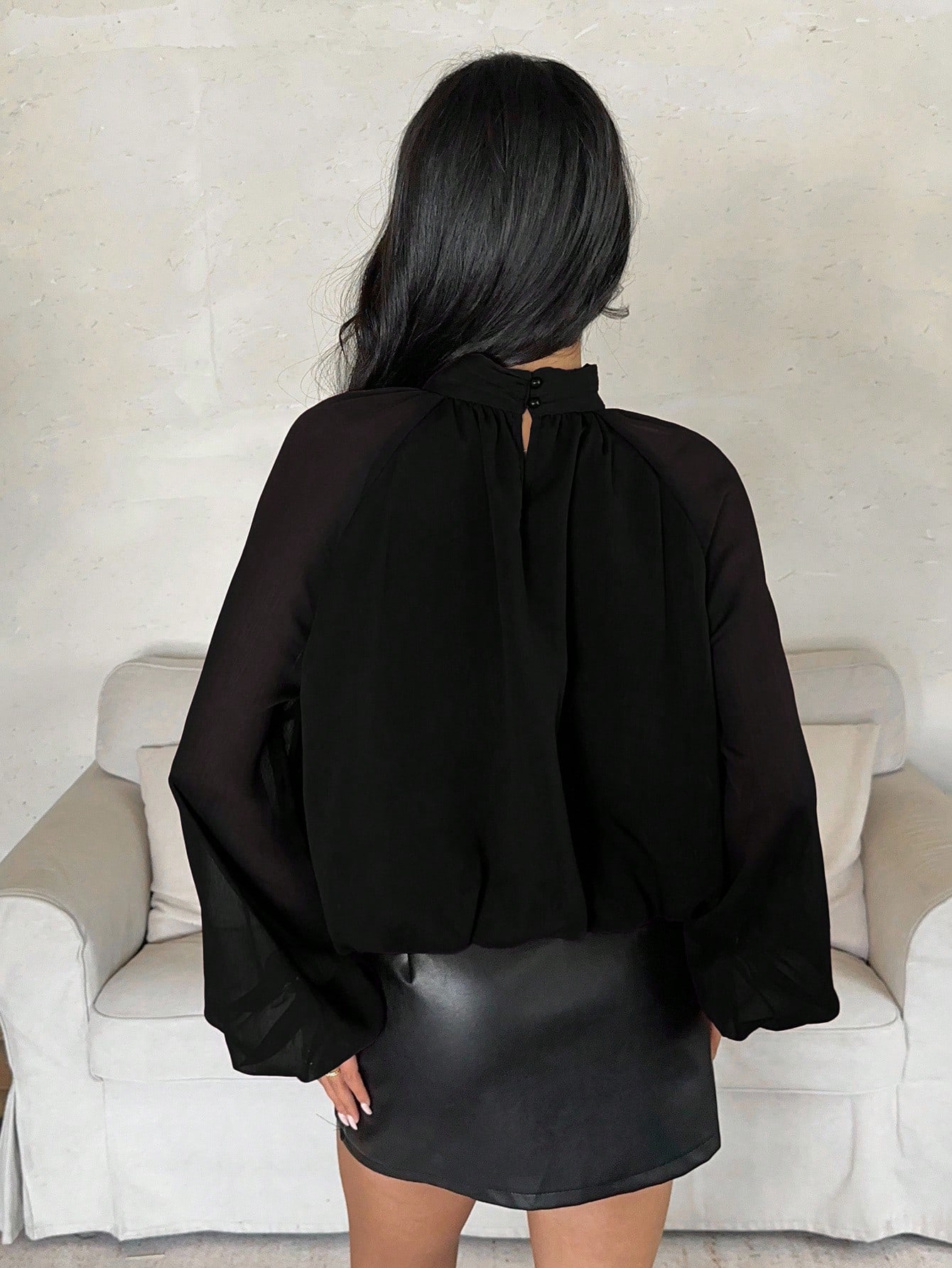 Aloruh Blouse ample à col montant et manches lanternes, couleur unie, style décontracté, — vue 8
