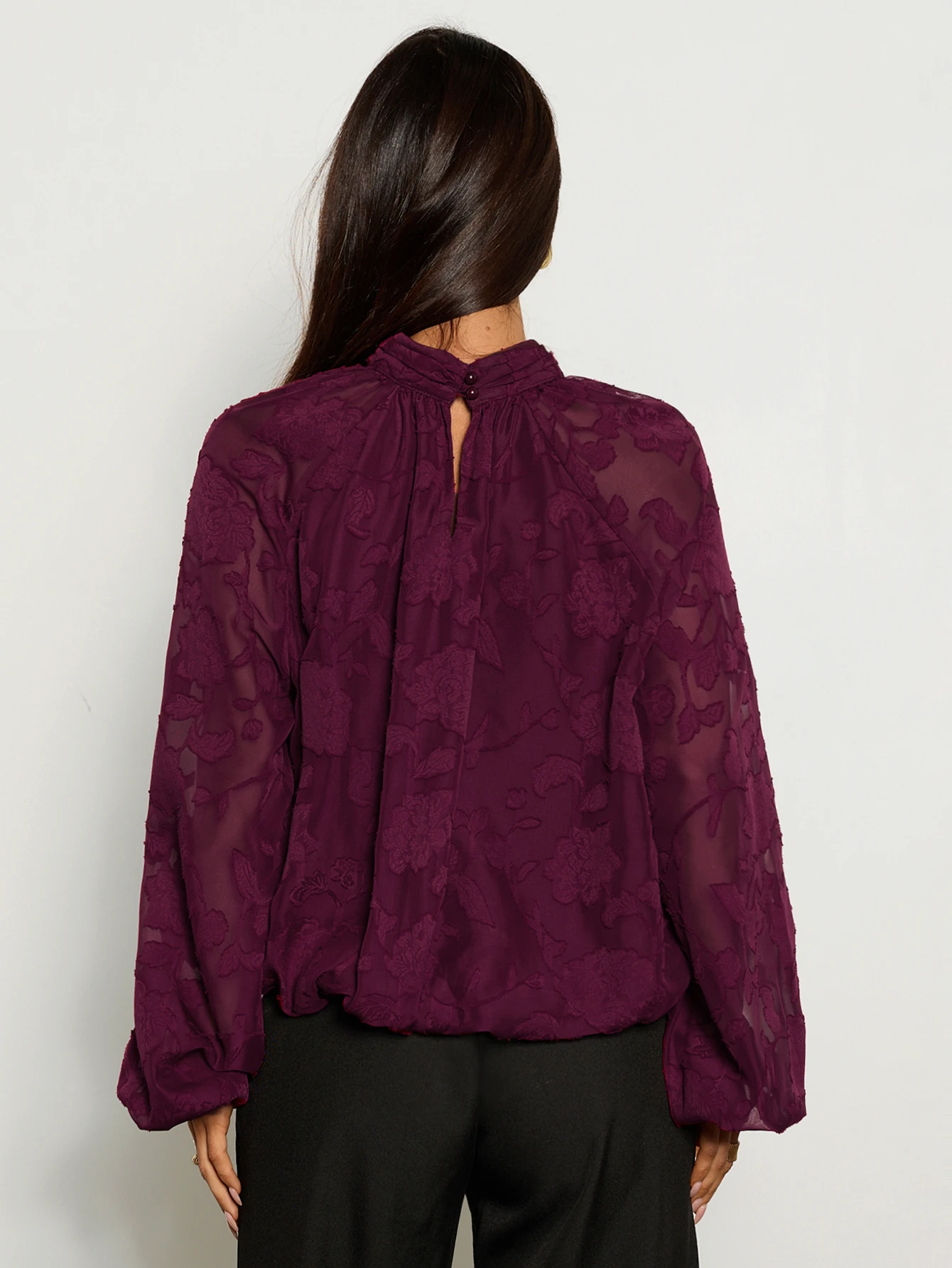Aloruh Blouse ample à col montant et manches lanternes, couleur unie, style décontracté, — vue 10