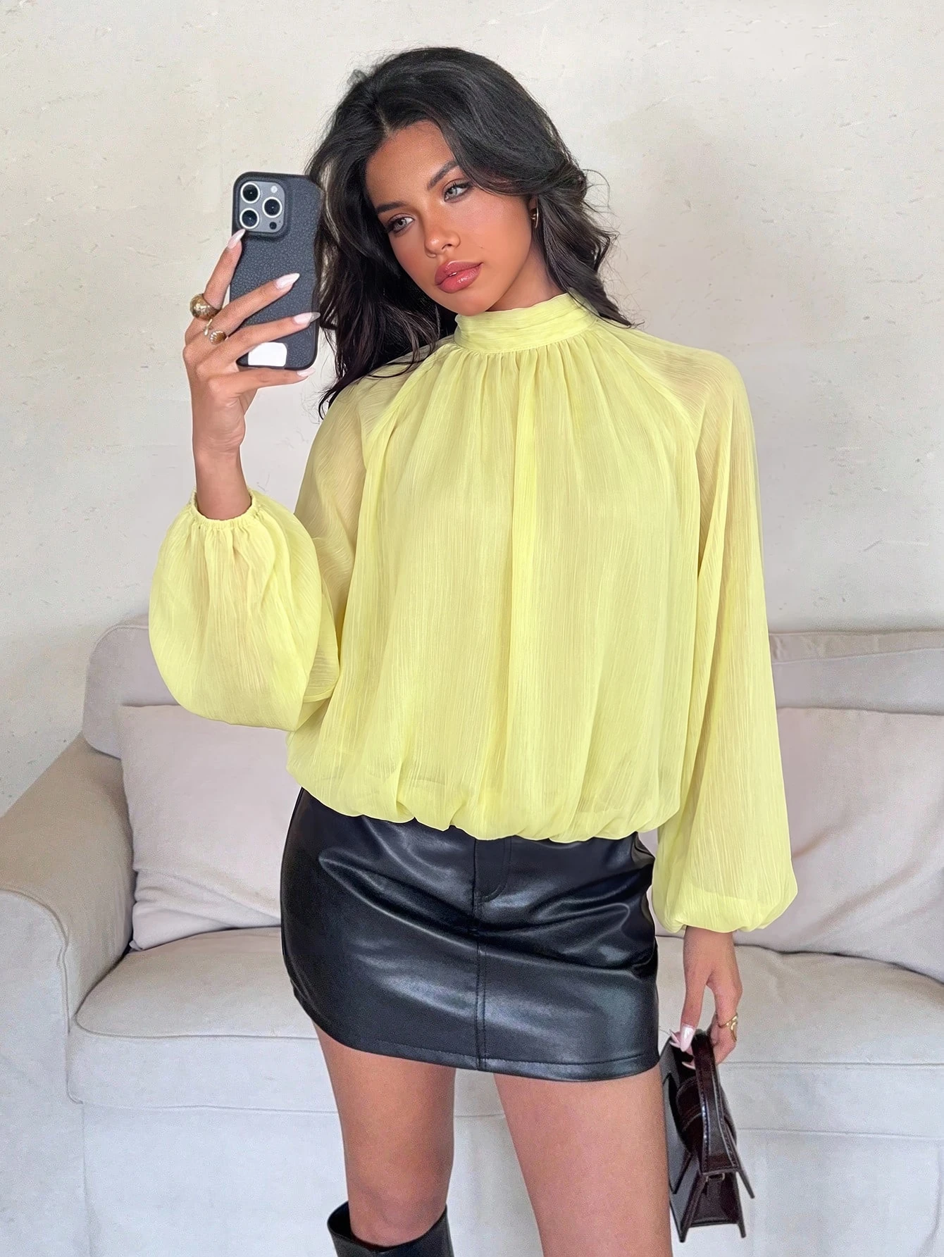 Aloruh Blouse ample à col montant et manches lanternes, couleur unie, style décontracté, — vue 7