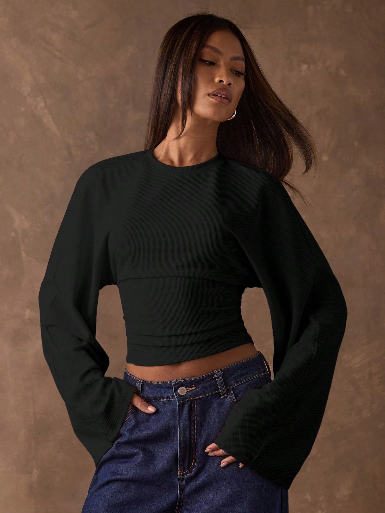 Top à manches évasées et taille cintrée de couleur unie simple pour femmes au