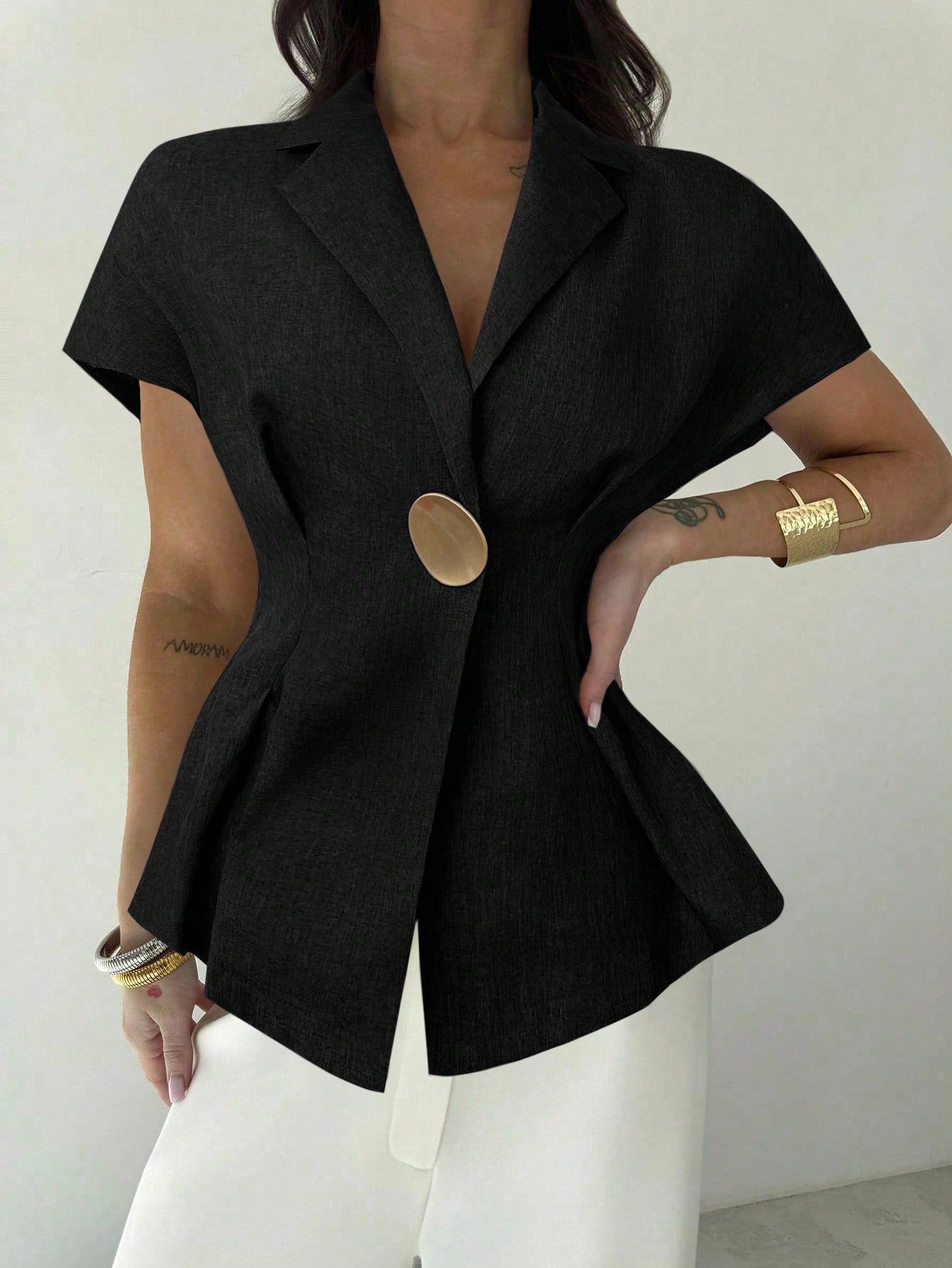 Firerie Chemise en lin pour femmes à taille froncée et manches courtes avec bouton — vue 2