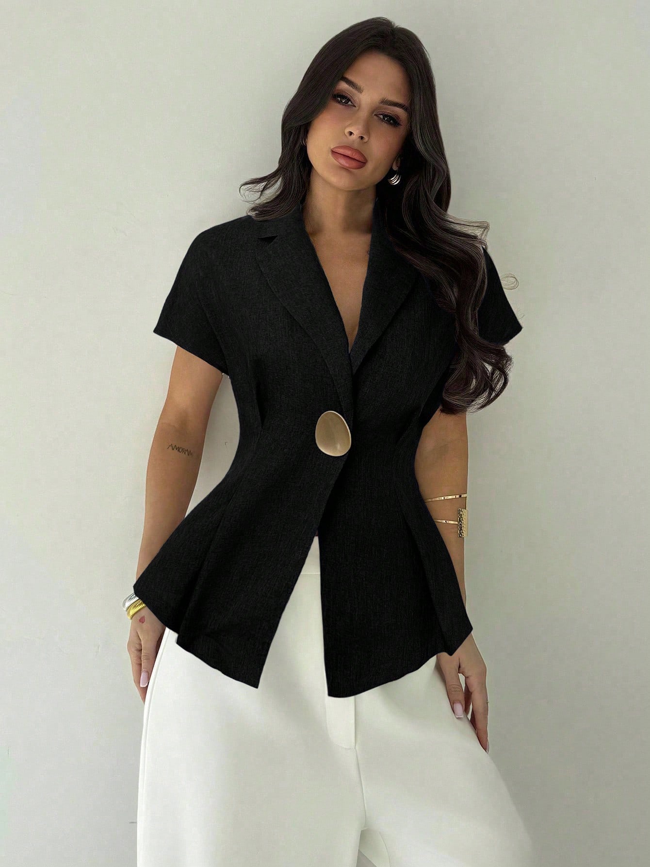 Firerie Chemise en lin pour femmes à taille froncée et manches courtes avec bouton — vue 6