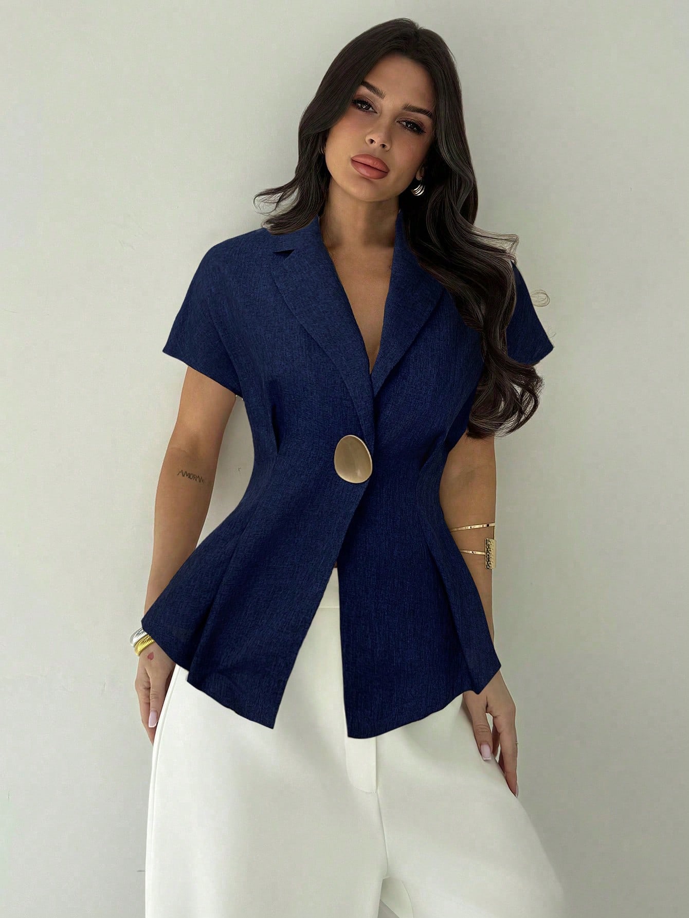 Firerie Chemise en lin pour femmes à taille froncée et manches courtes avec bouton