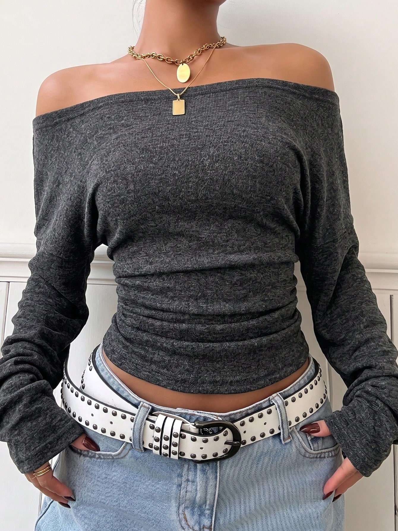 Muchica T-shirt femme 95% coton rose à rayures, col bateau, épaules dénudées, style — vue 14