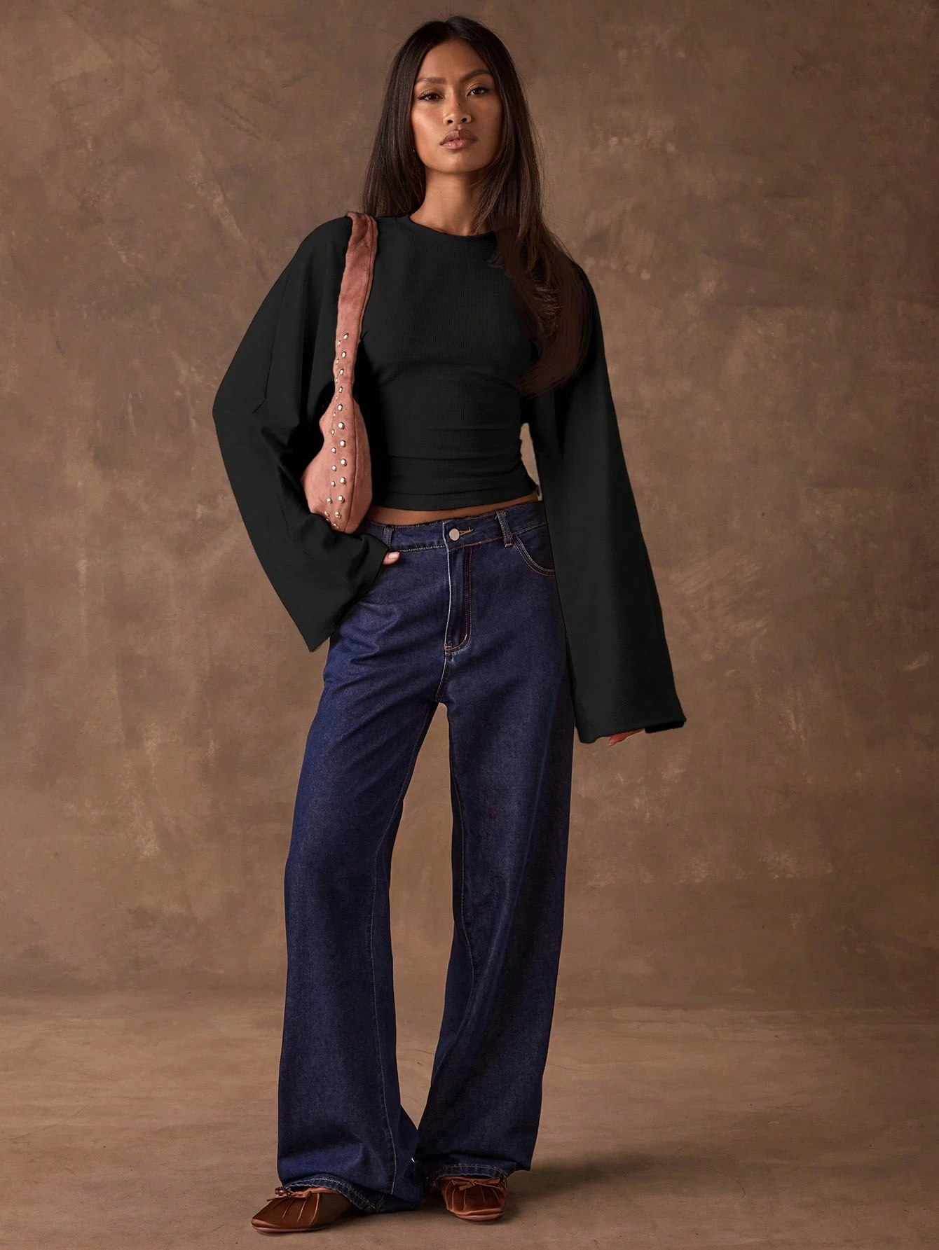 Top à manches évasées et taille cintrée de couleur unie simple pour femmes au — vue 7