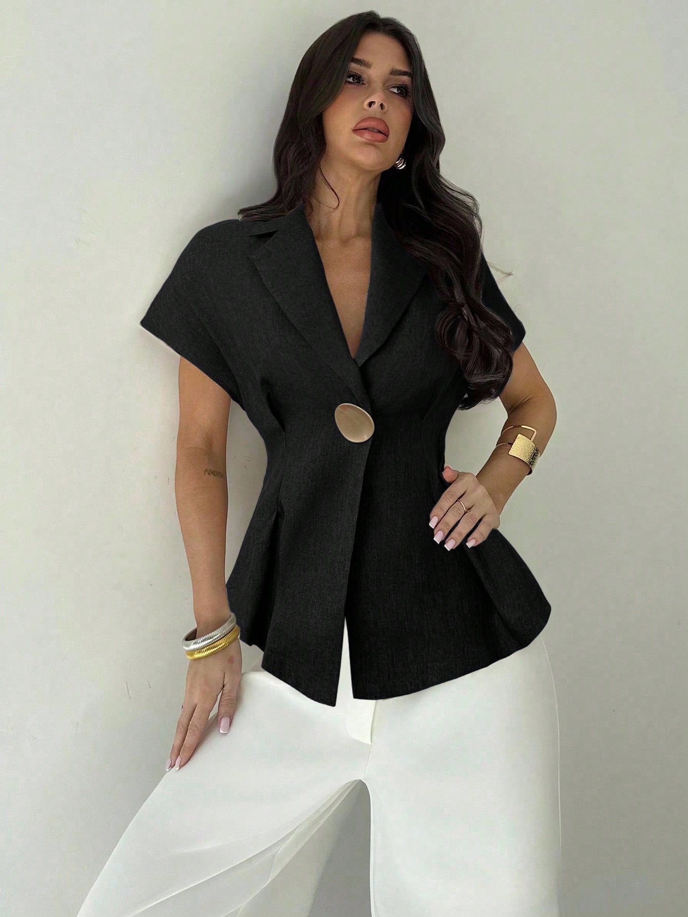 Firerie Chemise en lin pour femmes à taille froncée et manches courtes avec bouton — vue 10