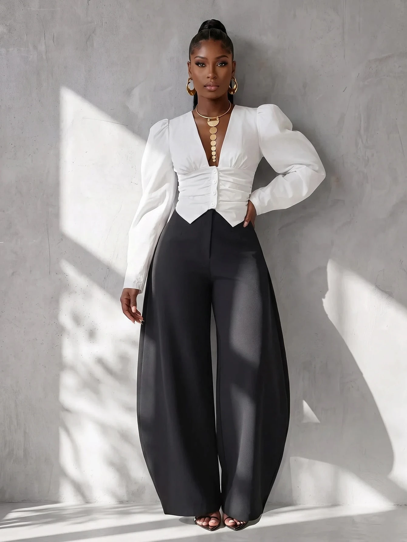 BamGlimmer Blouse d'été oversize pour femme avec col en V, manches longues, taille nouée — vue 3