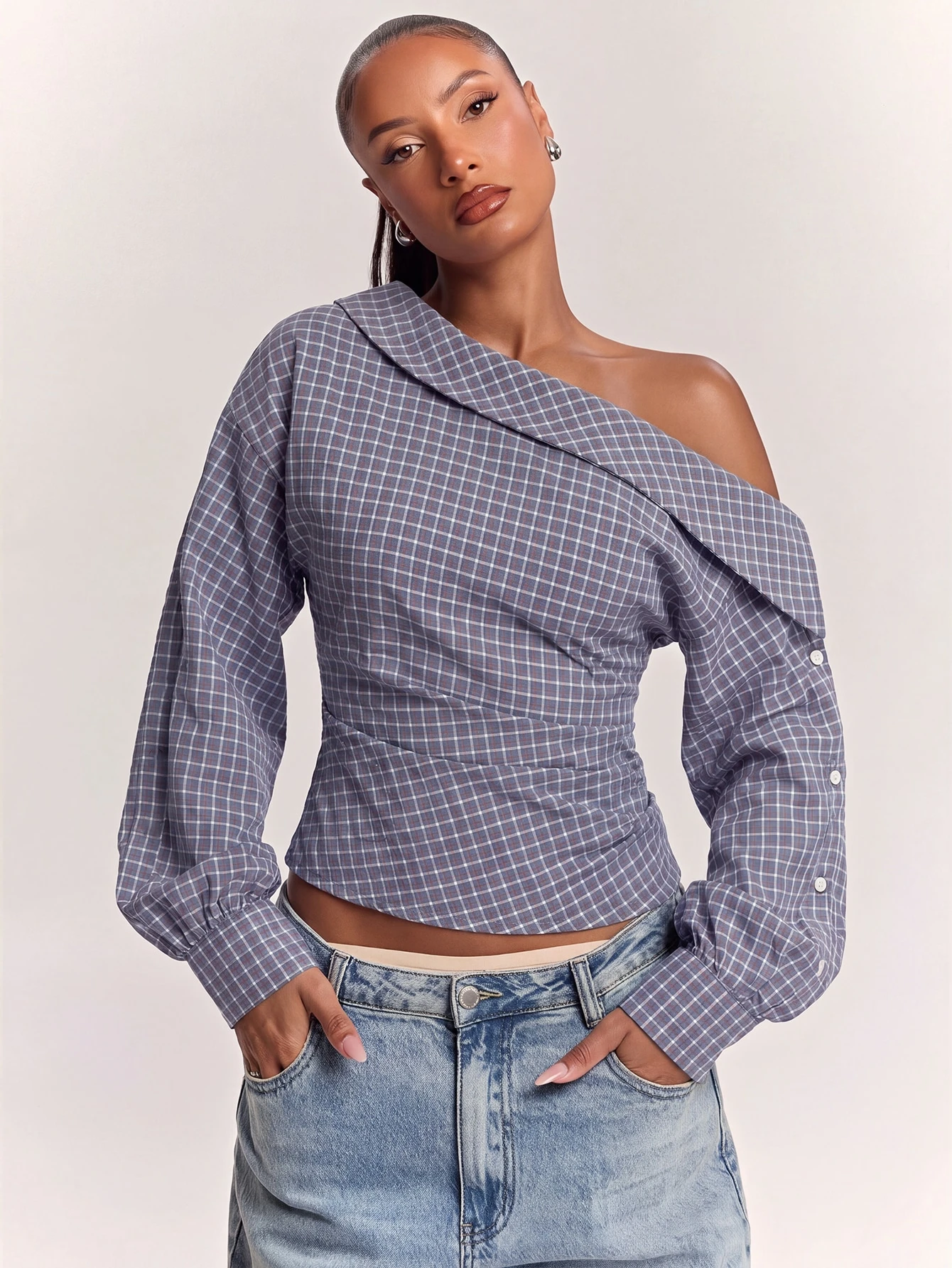 Chemise déconstruite élégante à épaules dénudées pour femme, chemise bleue — vue 2