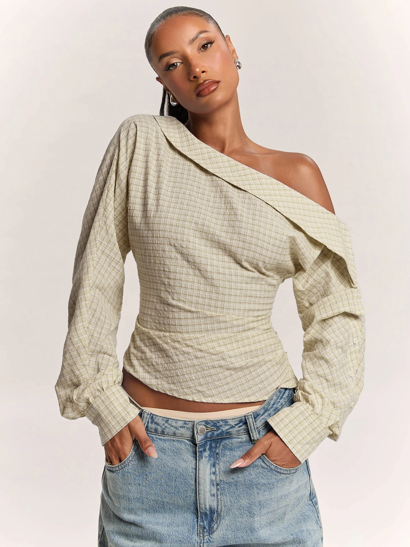 Chemise déconstruite élégante à épaules dénudées pour femme, chemise bleue