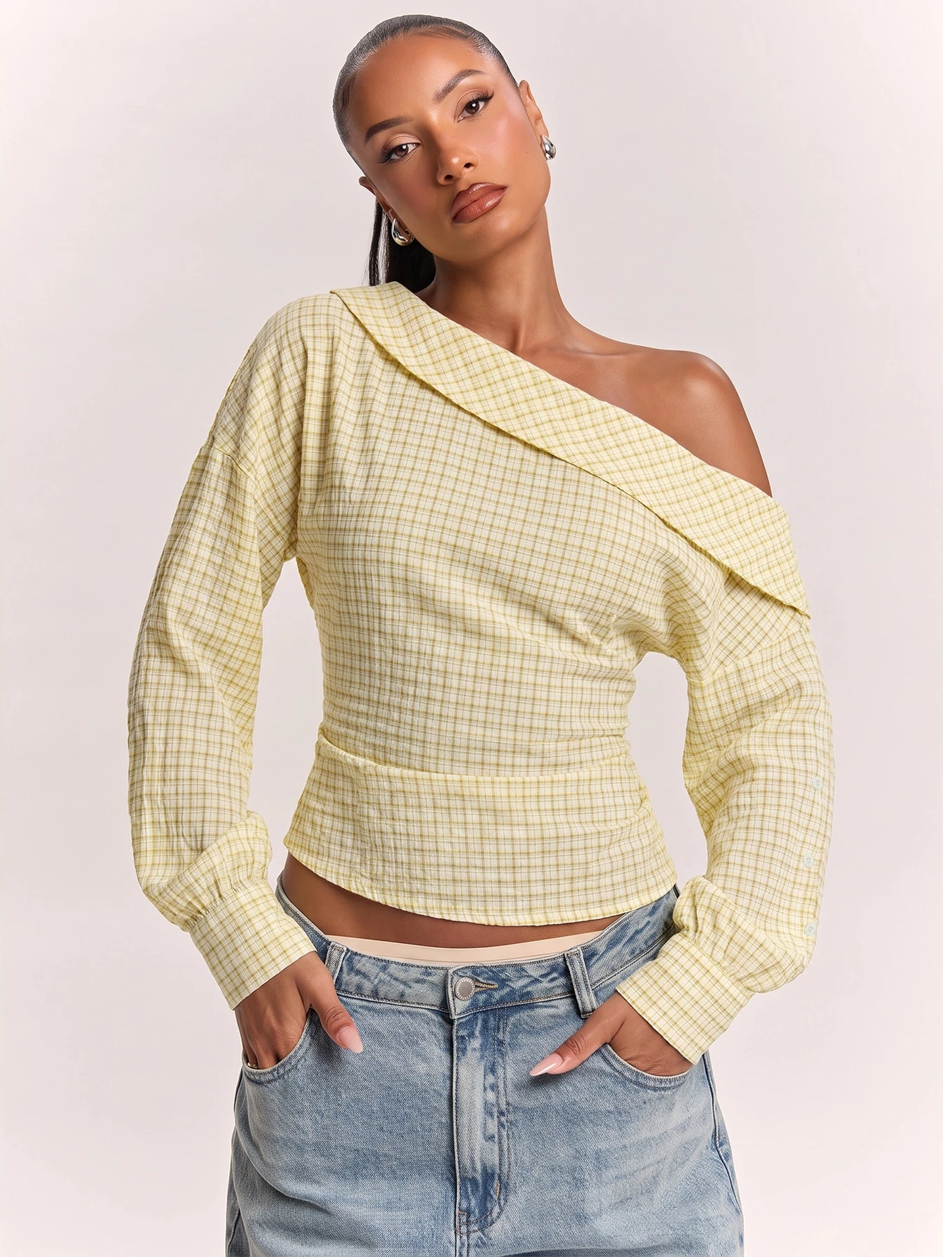 Chemise déconstruite élégante à épaules dénudées pour femme, chemise bleue — vue 5