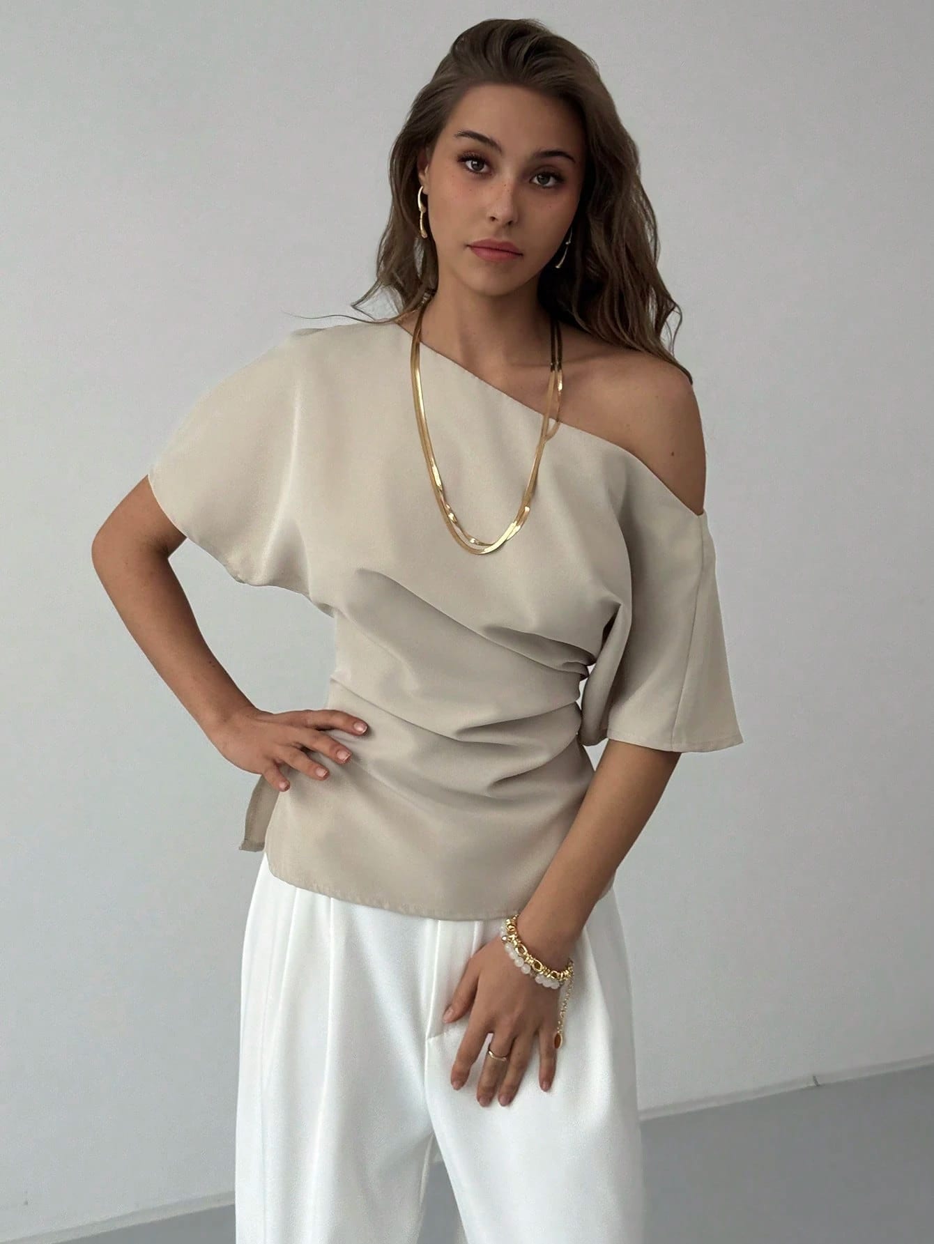 Aloruh Top pull-over ajusté pour femme, élégant, beige, d'été, pour dîner et rendez-vous,