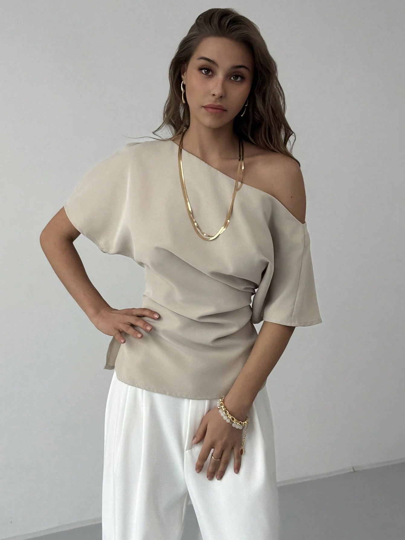 Aloruh Top pull-over ajusté pour femme, élégant, beige, d'été, pour dîner et rendez-vous,