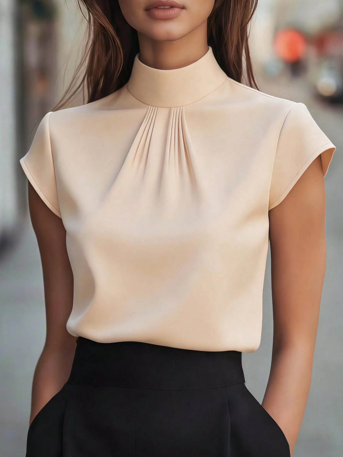 Chemisier élégant à manches courtes et col mandarin pour femme - Satin blanc éclatant, — vue 2