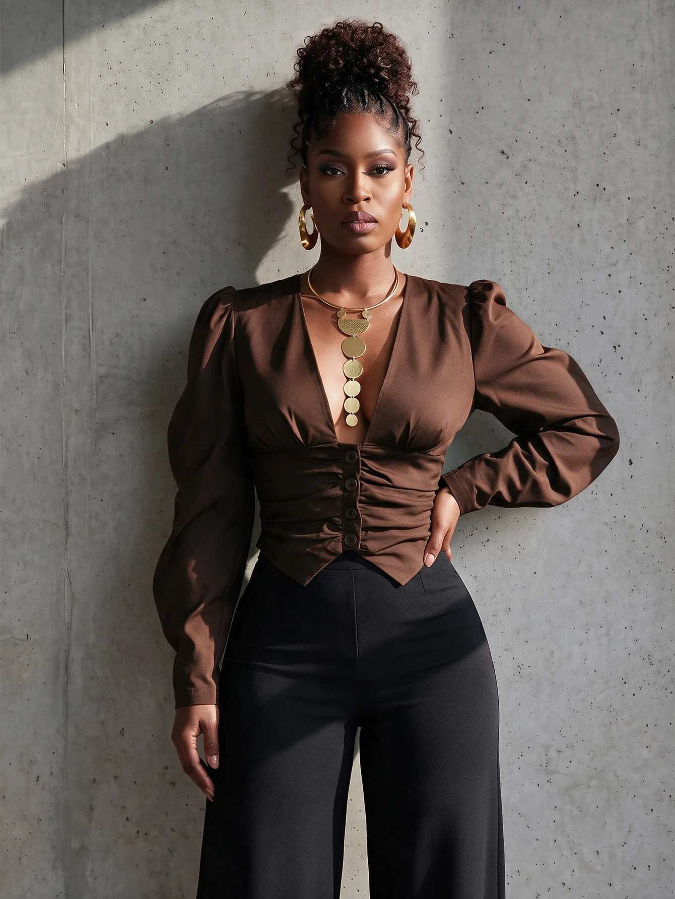 BamGlimmer Blouse d'été oversize pour femme avec col en V, manches longues, taille nouée — vue 4