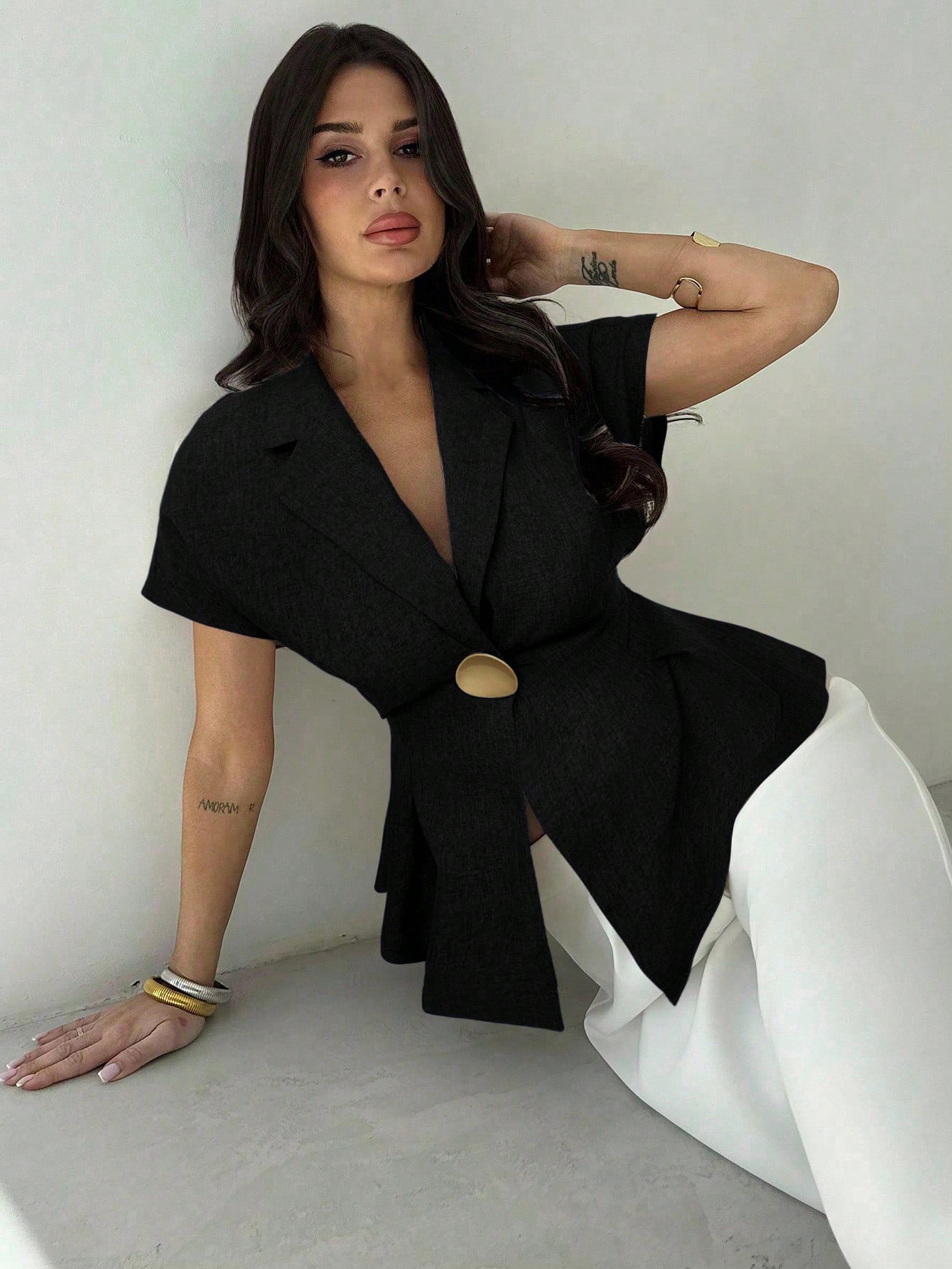 Firerie Chemise en lin pour femmes à taille froncée et manches courtes avec bouton — vue 8