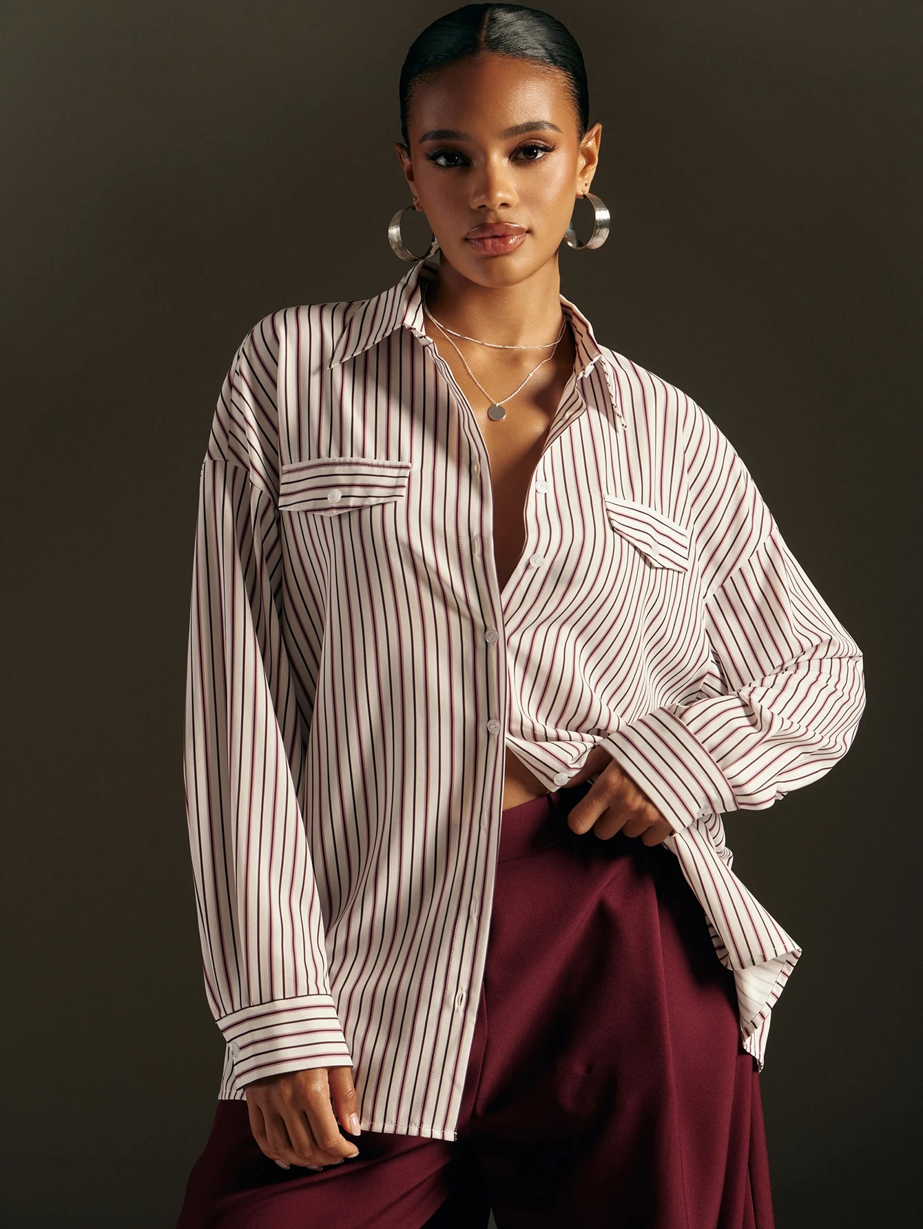 Hauture Chemise à rayures rouges et blanches pour femmes, chemisier à manches longues — vue 6