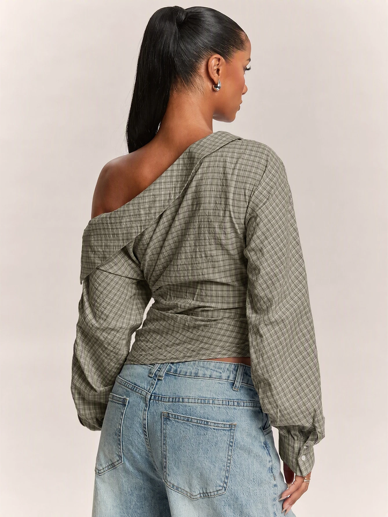 Chemise déconstruite élégante à épaules dénudées pour femme, chemise bleue — vue 10