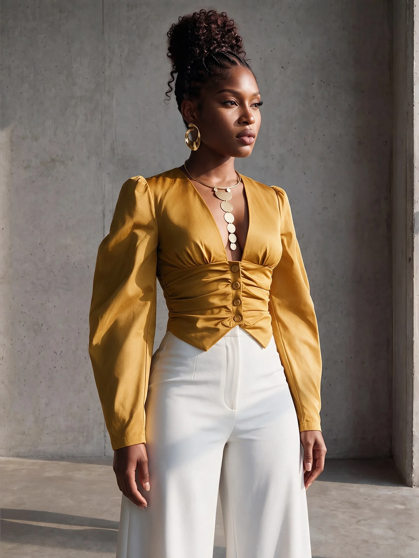 BamGlimmer Blouse d'été oversize pour femme avec col en V, manches longues, taille nouée — vue 9