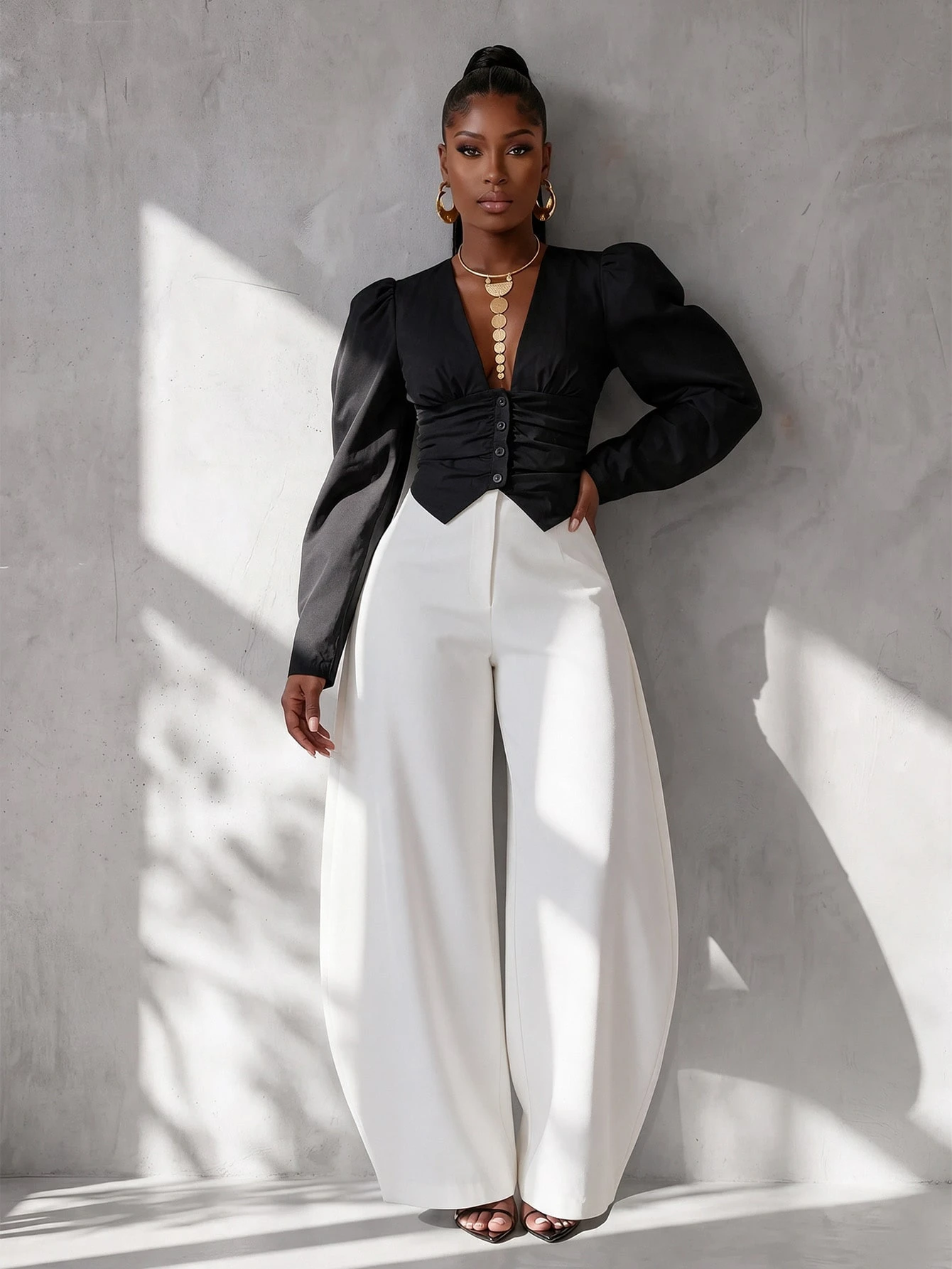 BamGlimmer Blouse d'été oversize pour femme avec col en V, manches longues, taille nouée — vue 10