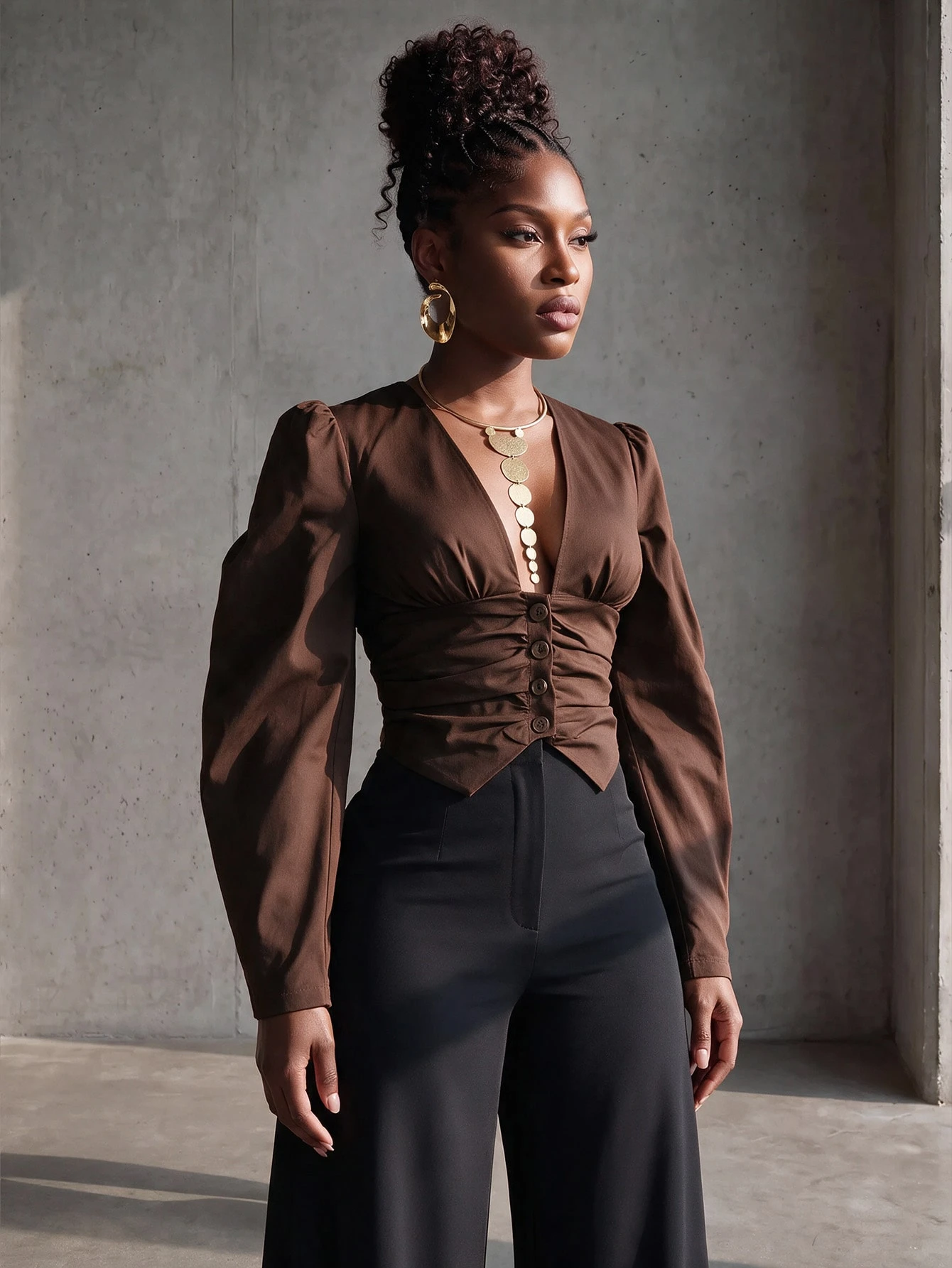 BamGlimmer Blouse d'été oversize pour femme avec col en V, manches longues, taille nouée — vue 12