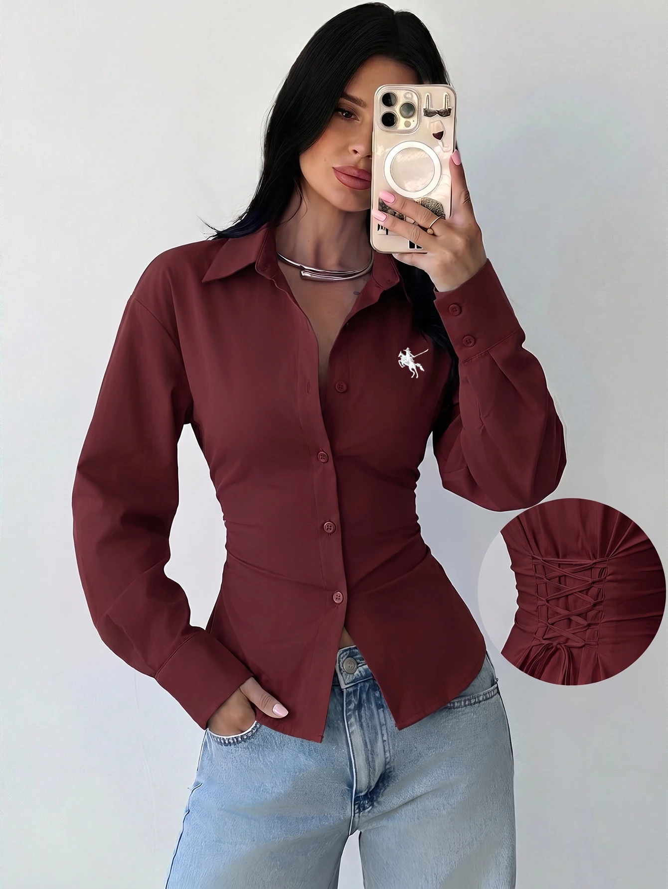 Firerie Chemise à manches longues rayée bleu et blanc pour femmes, chemise à taille — vue 4