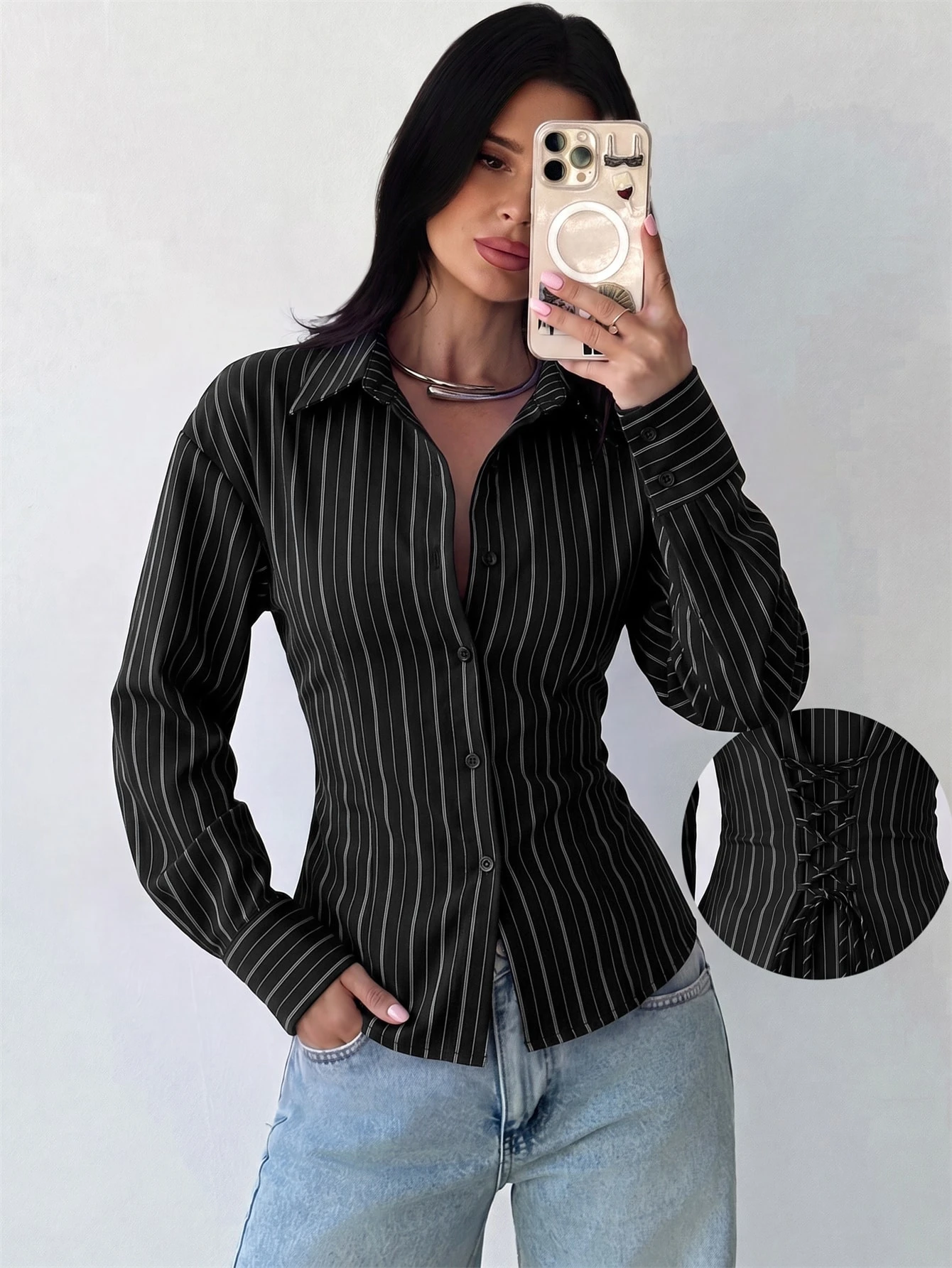 Firerie Chemise à manches longues rayée bleu et blanc pour femmes, chemise à taille — vue 2