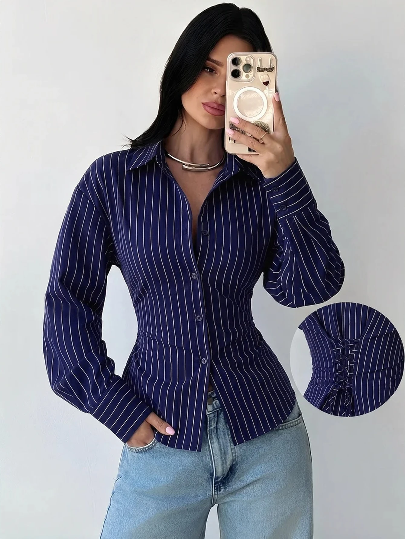 Firerie Chemise à manches longues rayée bleu et blanc pour femmes, chemise à taille — vue 12
