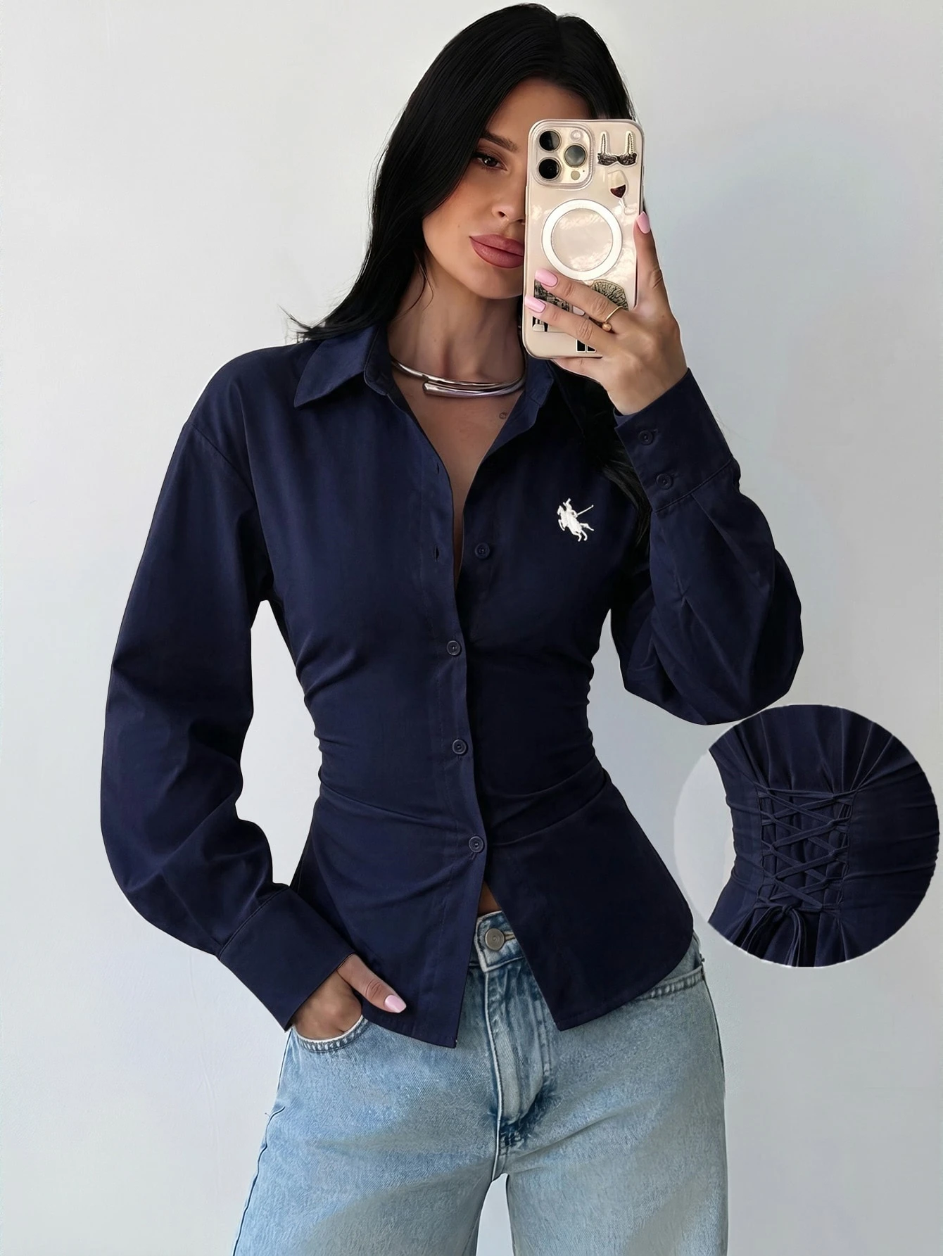 Firerie Chemise à manches longues rayée bleu et blanc pour femmes, chemise à taille — vue 15