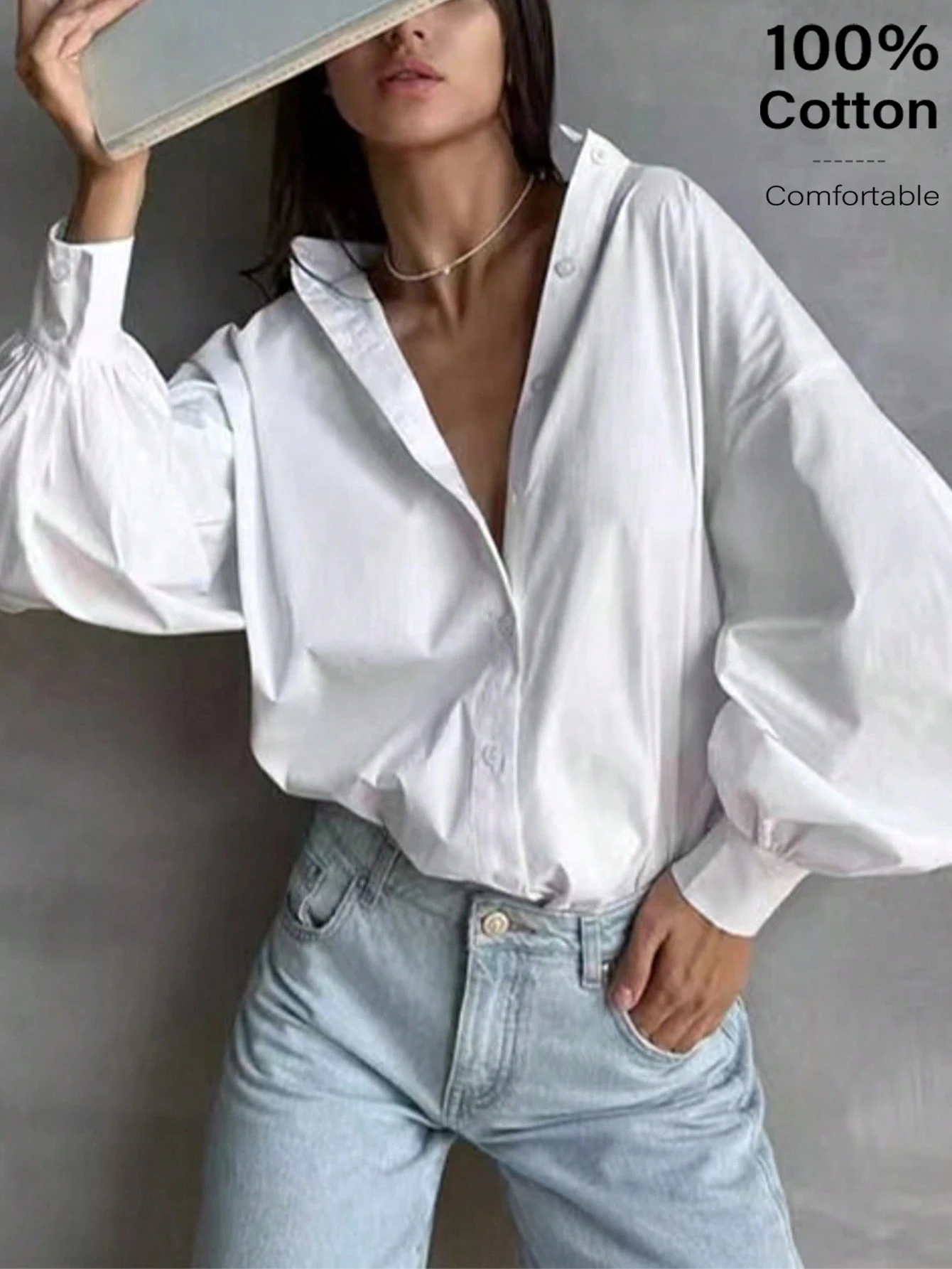Chemise de travail en lin pour femmes, automne-hiver, Top blanc élégant et décontracté, — vue 7