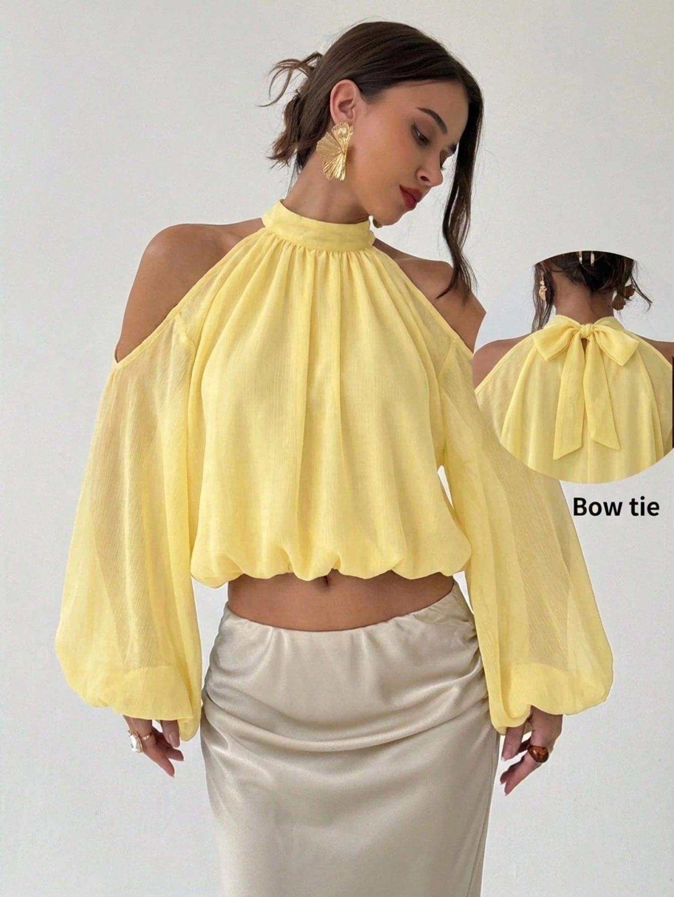 Aloruh Nouvelle blouse en satin pour femmes, manches longues, couleurs blanc laiteux et — vue 9
